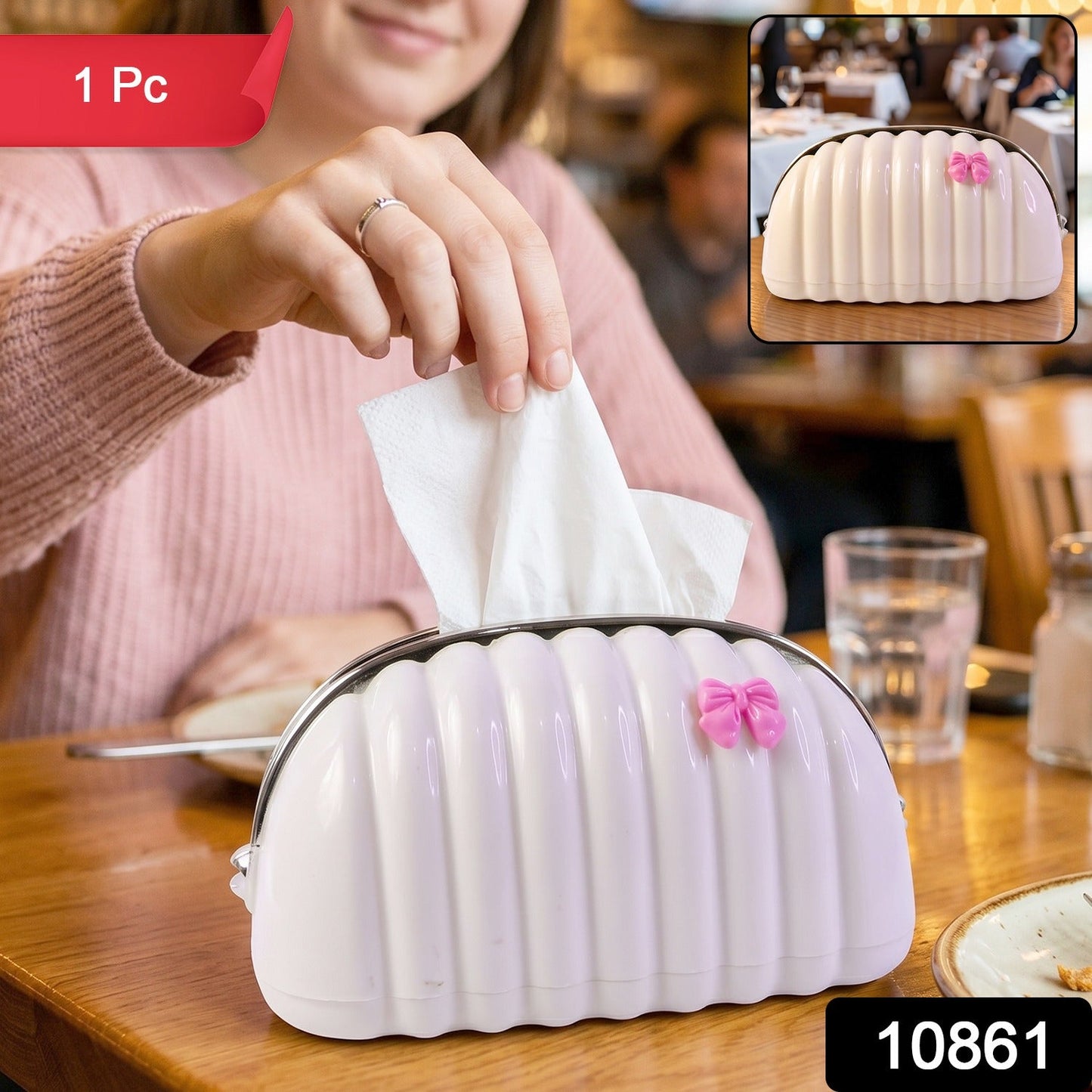 Decorative seashell tissue box cover with pink bow detail