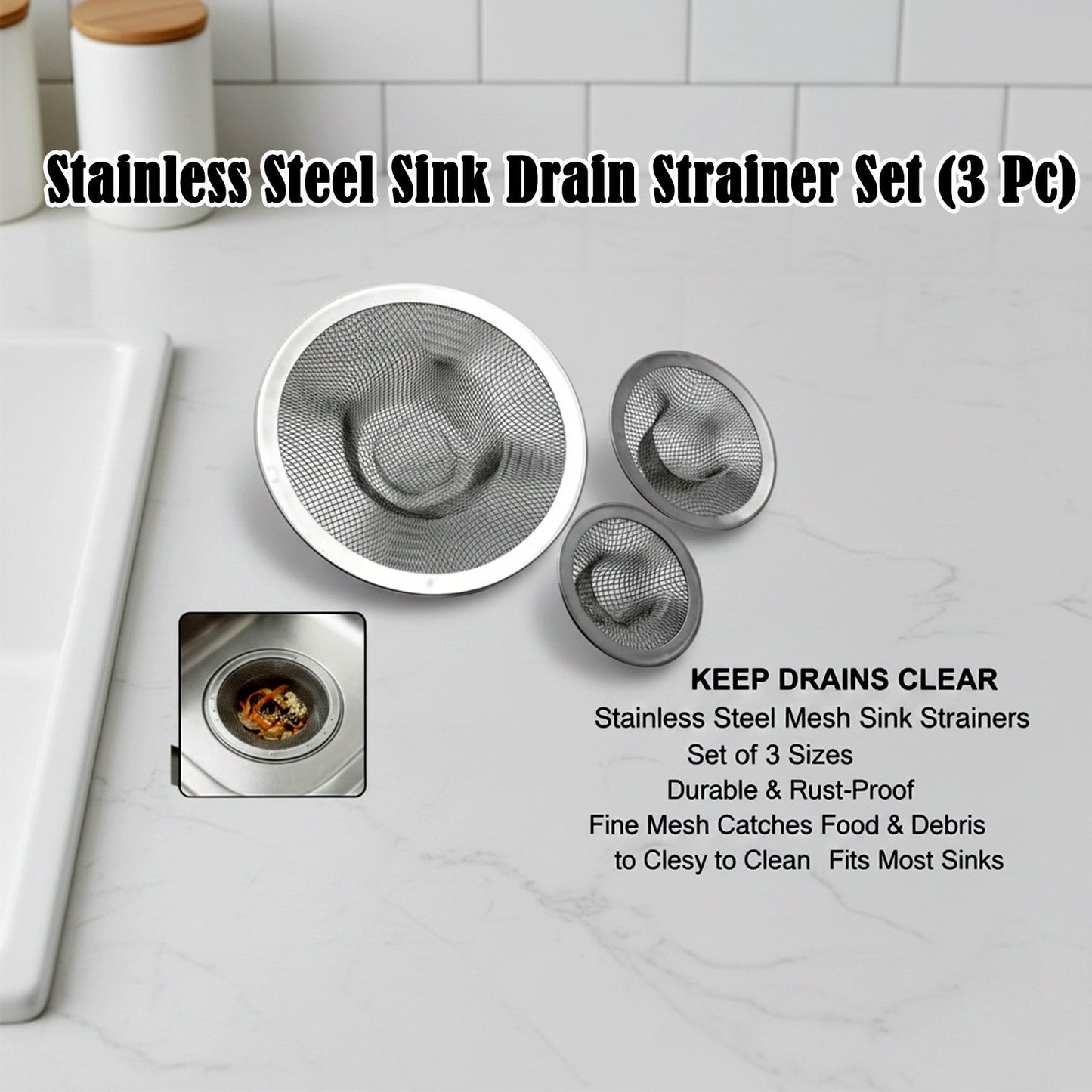 Pack of three stainless steel sink drain strainers neatly arranged