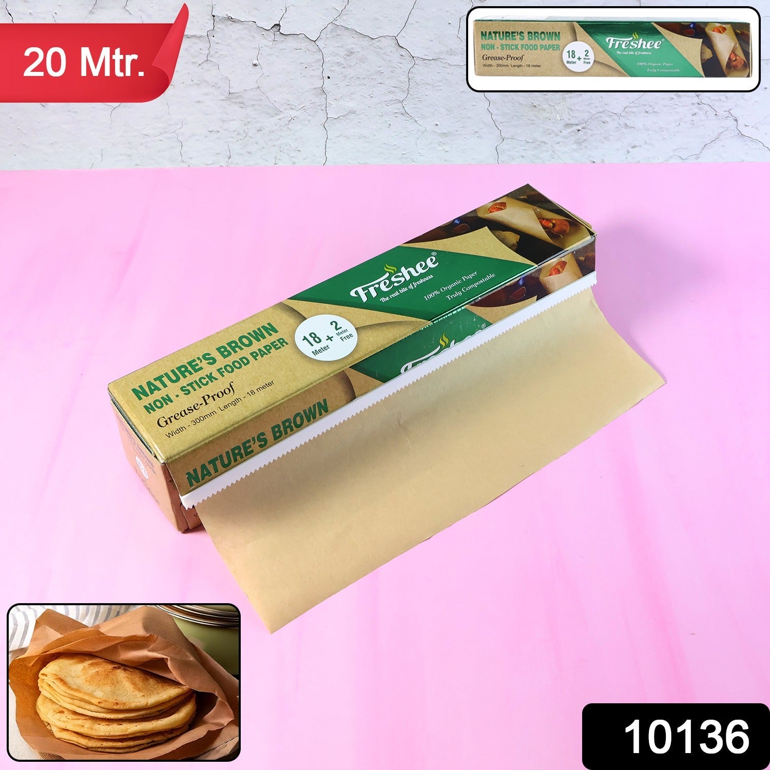 Close-up of Freshee brown organic non-stick food wrapping paper sheet