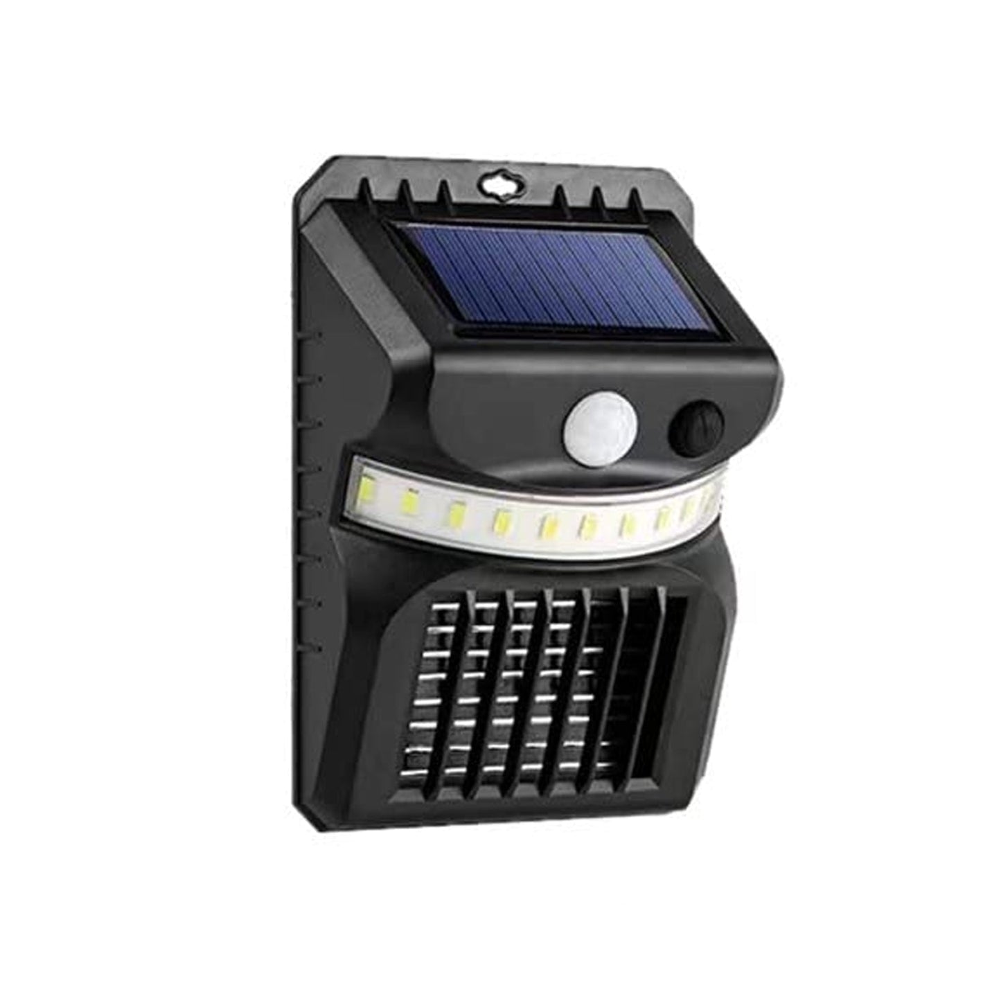 Solar mosquito zapper with motion activated light installed on a fence.