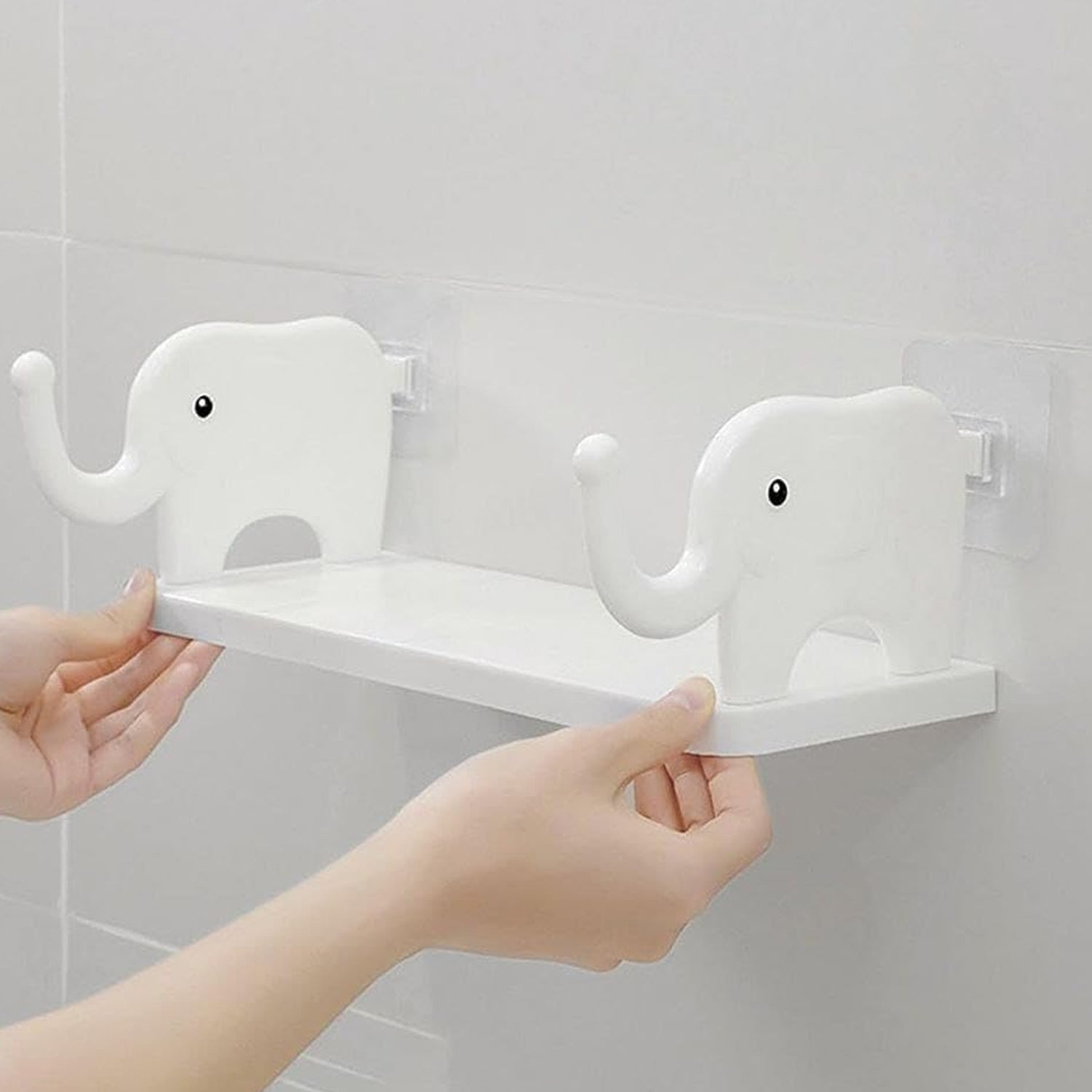 Easy no-punch installation of the elephant wall shelf for a clean look.