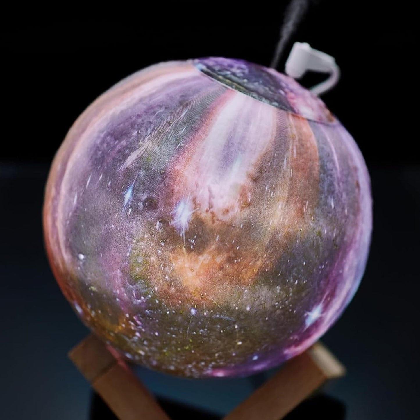 All components of the 3D Moon Lamp Diffuser: lamp, wooden stand, USB cable, and manual