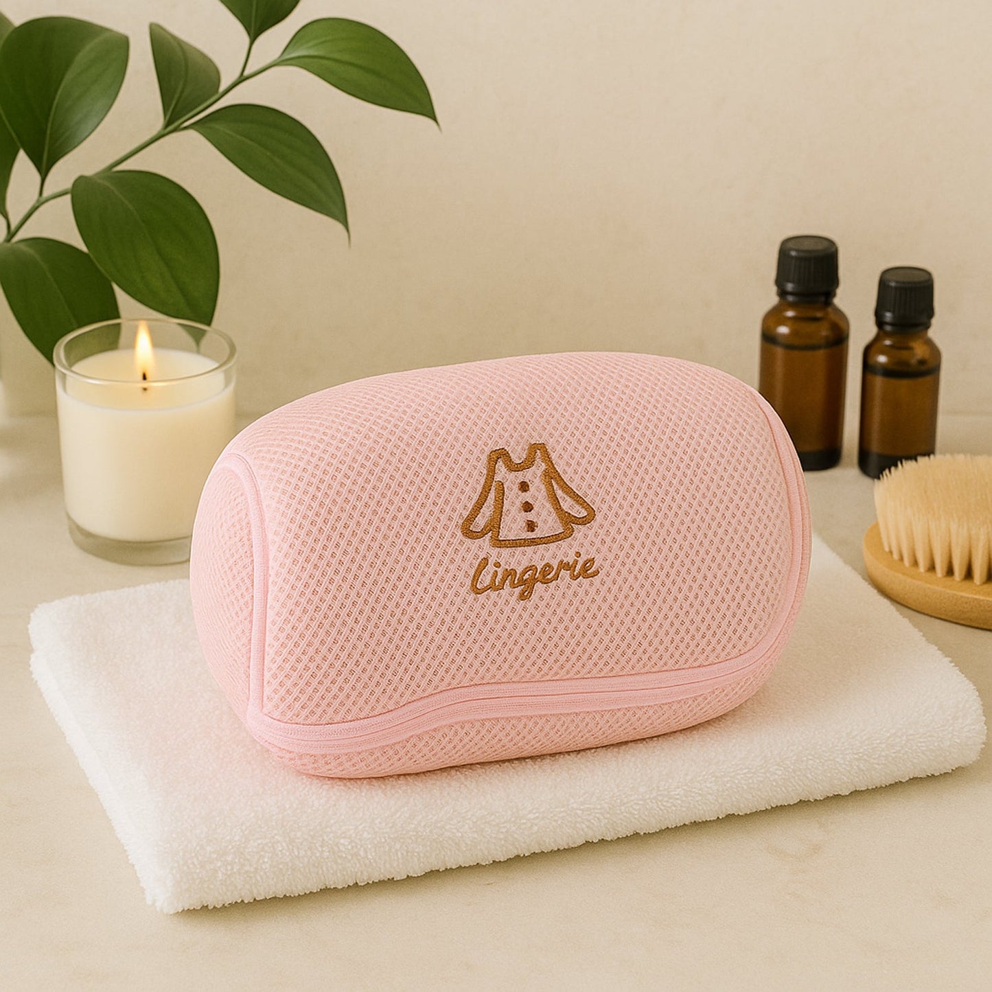 Lingerie wash bag protecting a bra and panties during machine wash.