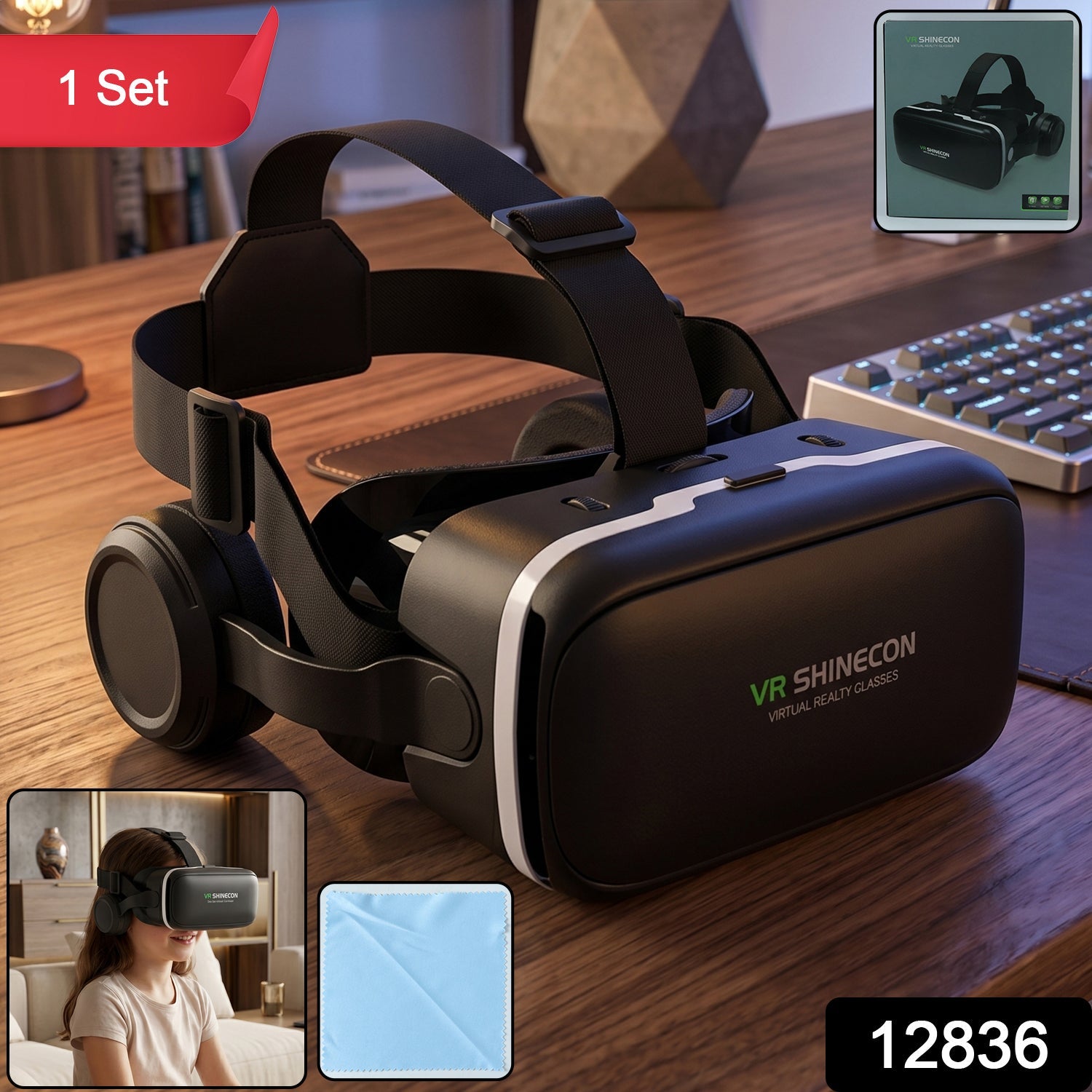 Side view of the Fitnos VR Headset, highlighting built-in headphones.