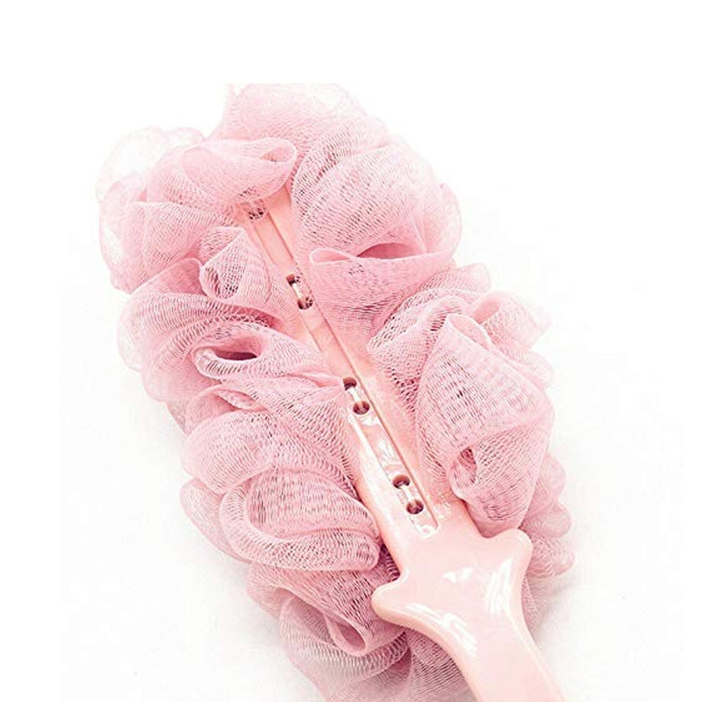 Detailed view of the bath sponge brush featuring a comfortable long handle.