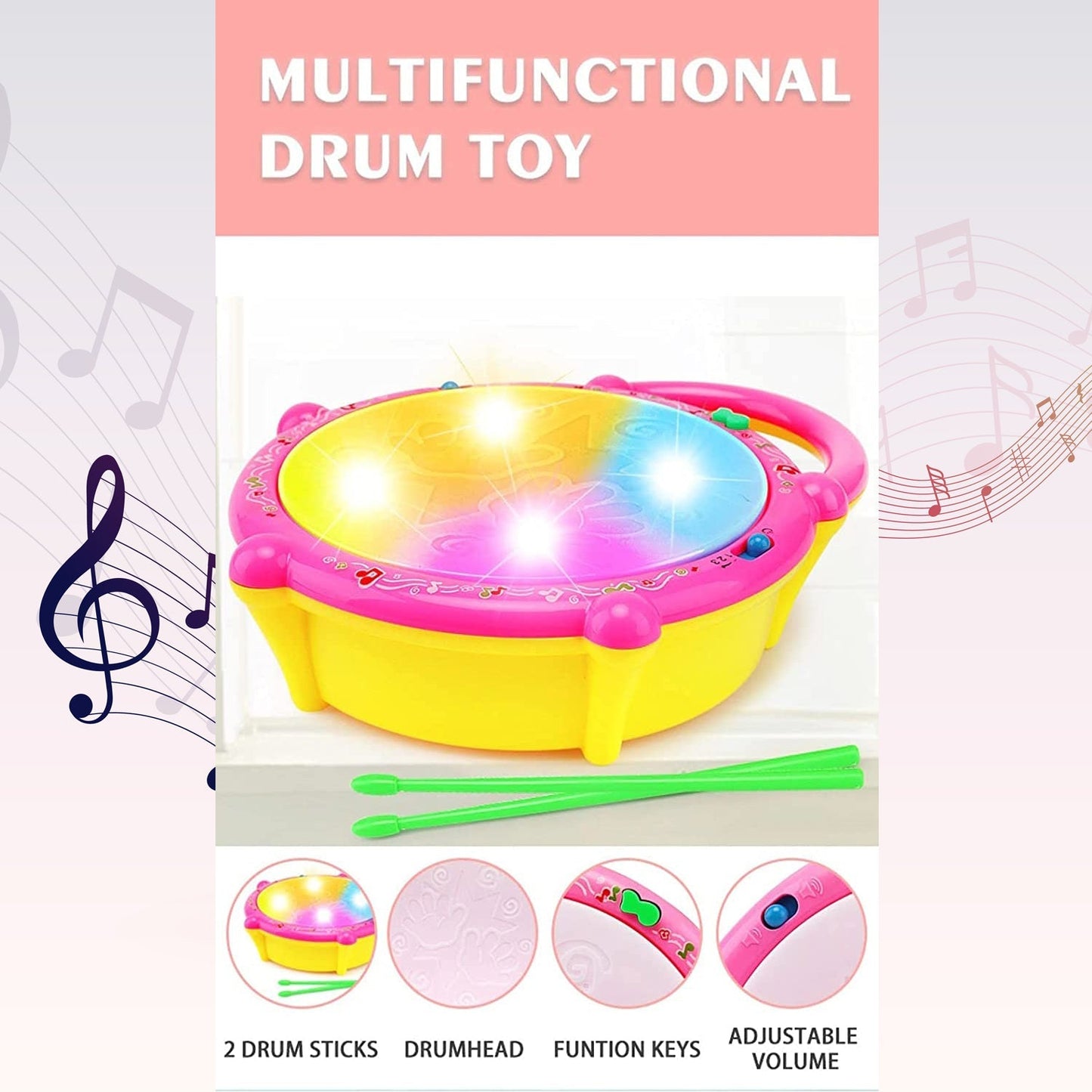A toddler happily tapping on the durable Flash Drum Toy, enhancing motor skills.
