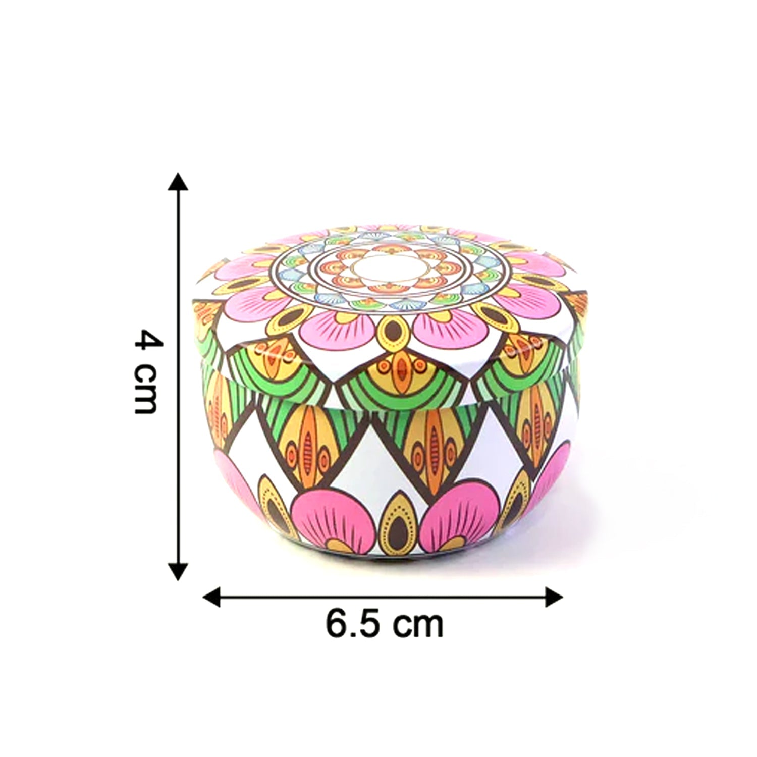 Decorative mandala metal candle container showcasing vibrant colors