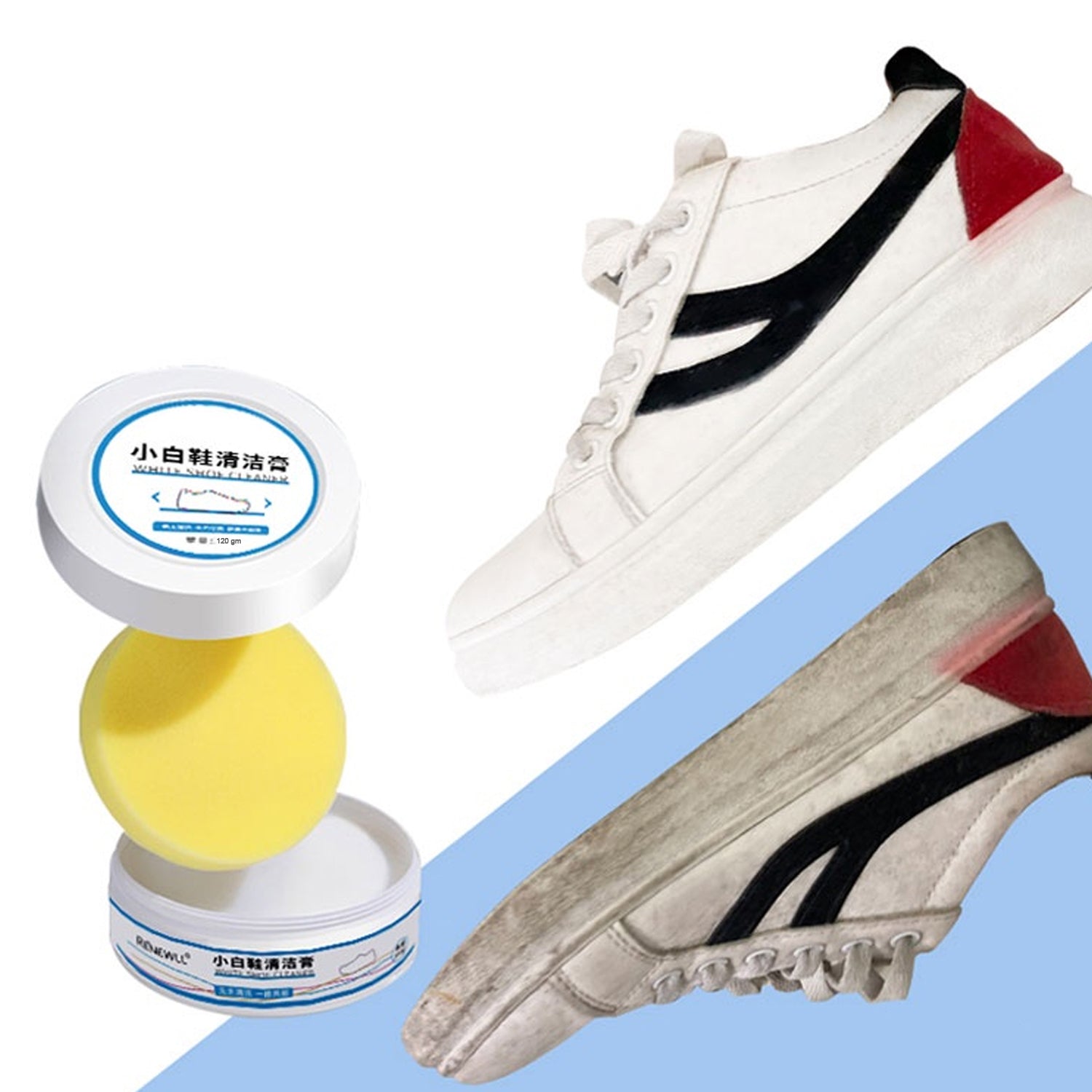 Velvet Wipe Shoe Stain Remover cream tub with sponge, actively cleaning a white sneaker.