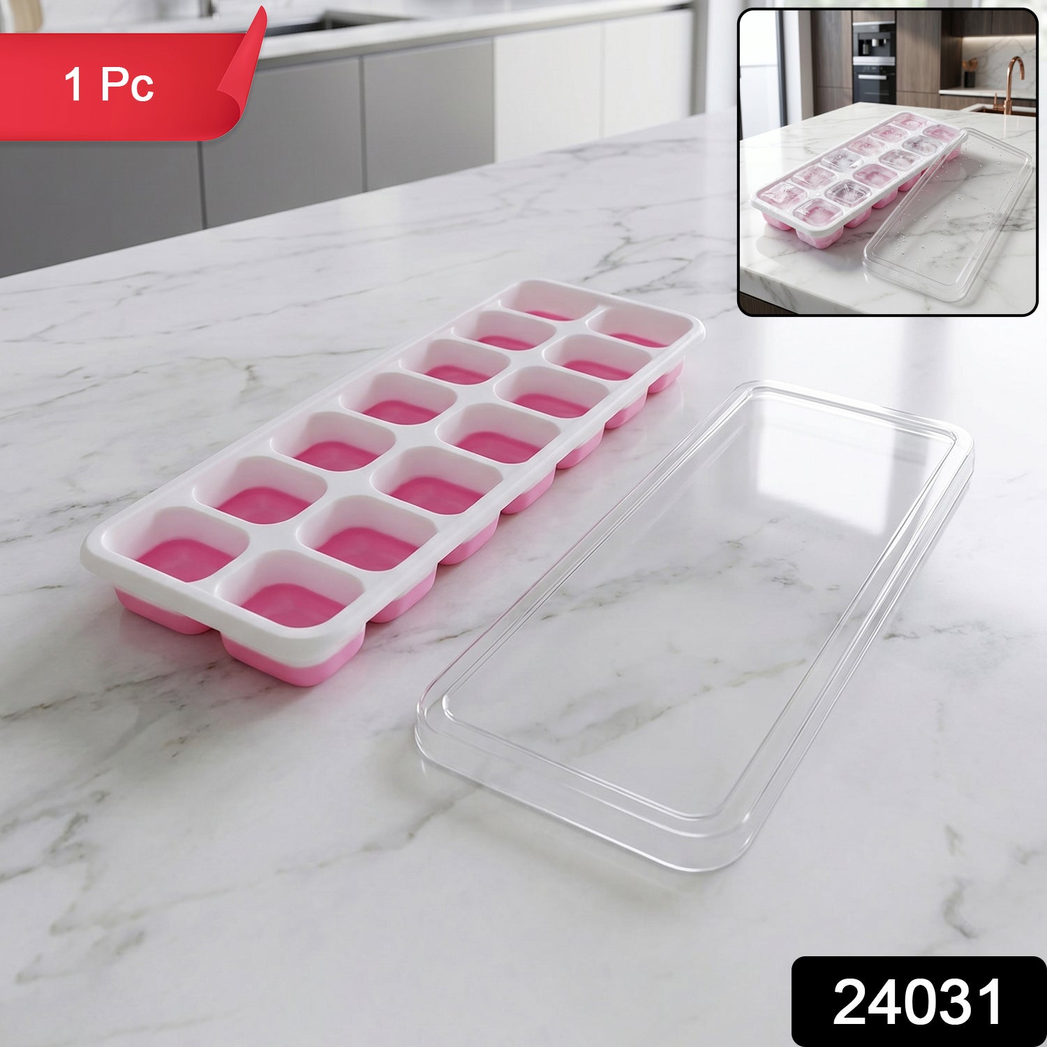 Pink 14-grid plastic ice cube tray with lid for freezer