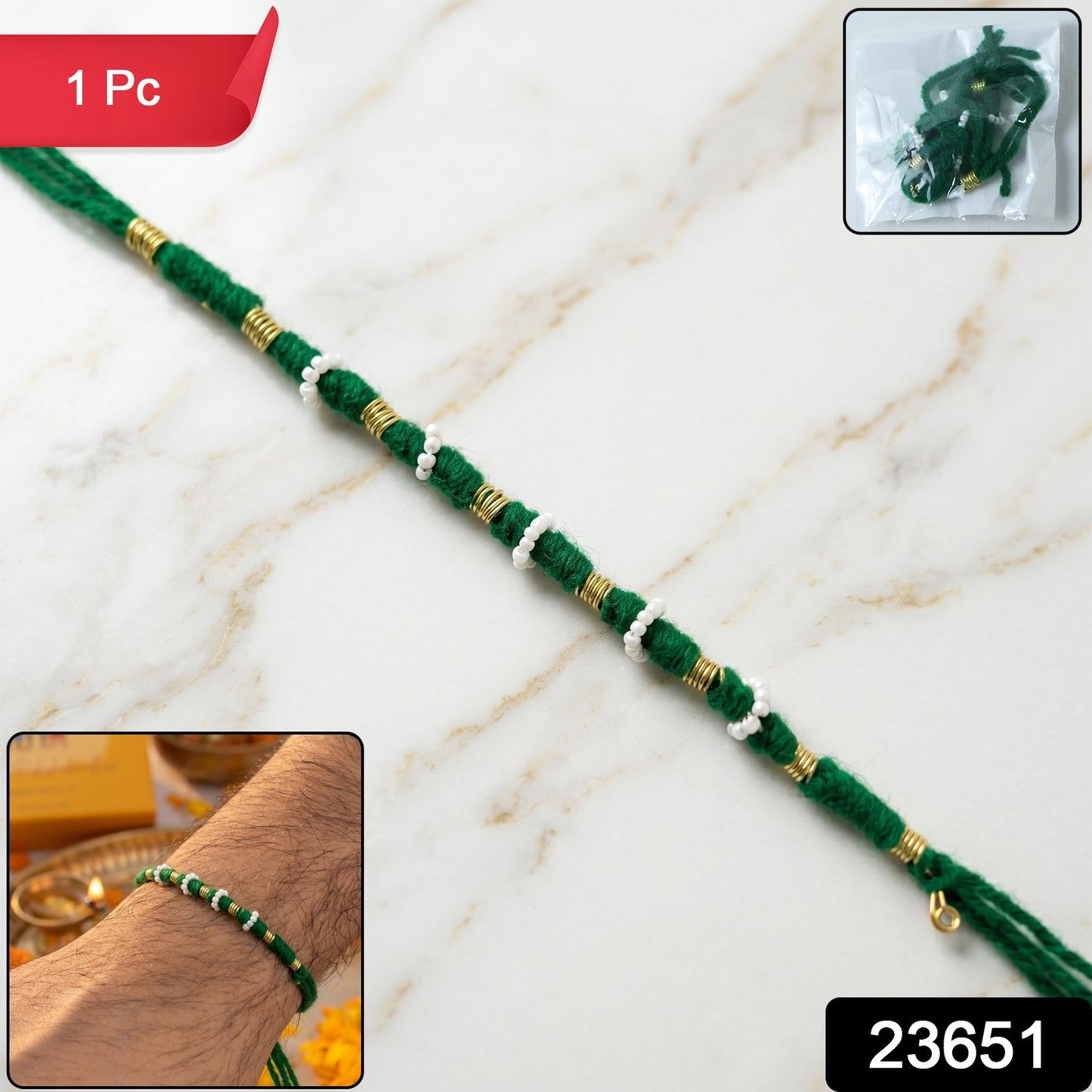 Handmade green cotton thread rakhi for Raksha Bandhan