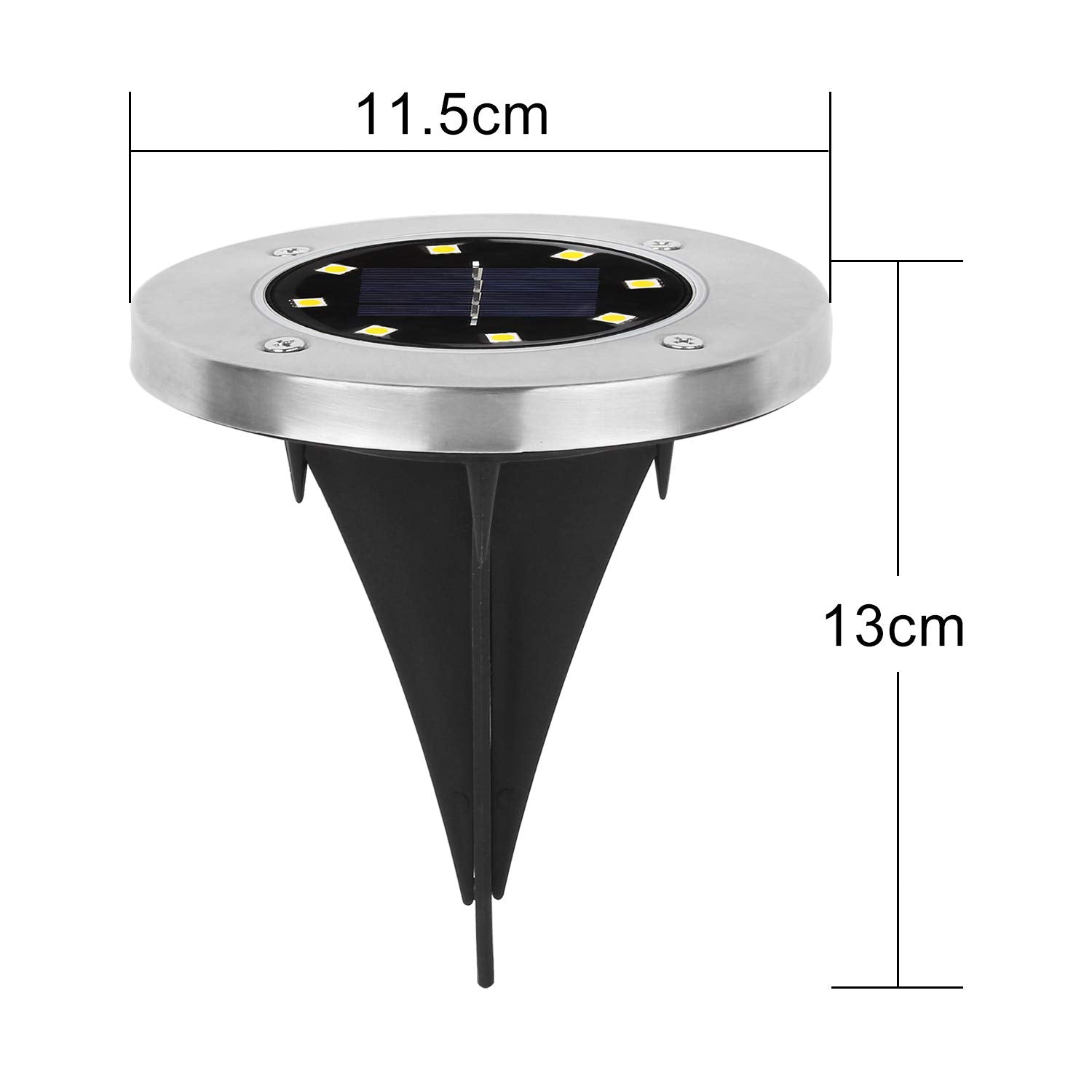 Single solar LED garden light glowing brightly at night in outdoor garden setting