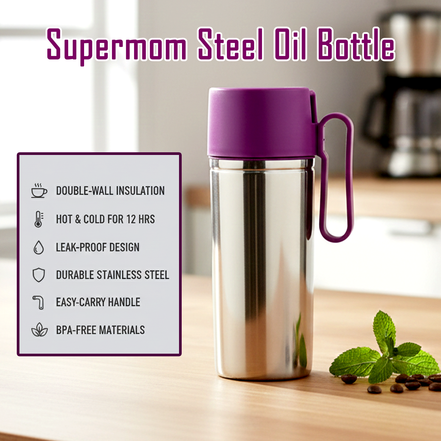Supermom stainless steel oil pourer with black handle and lid