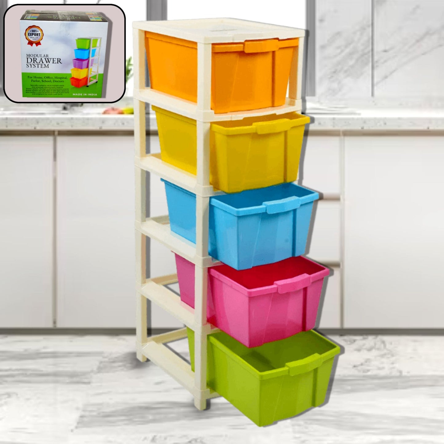 5-layer modular drawer organizer in a living room setting, showcasing ample storage.