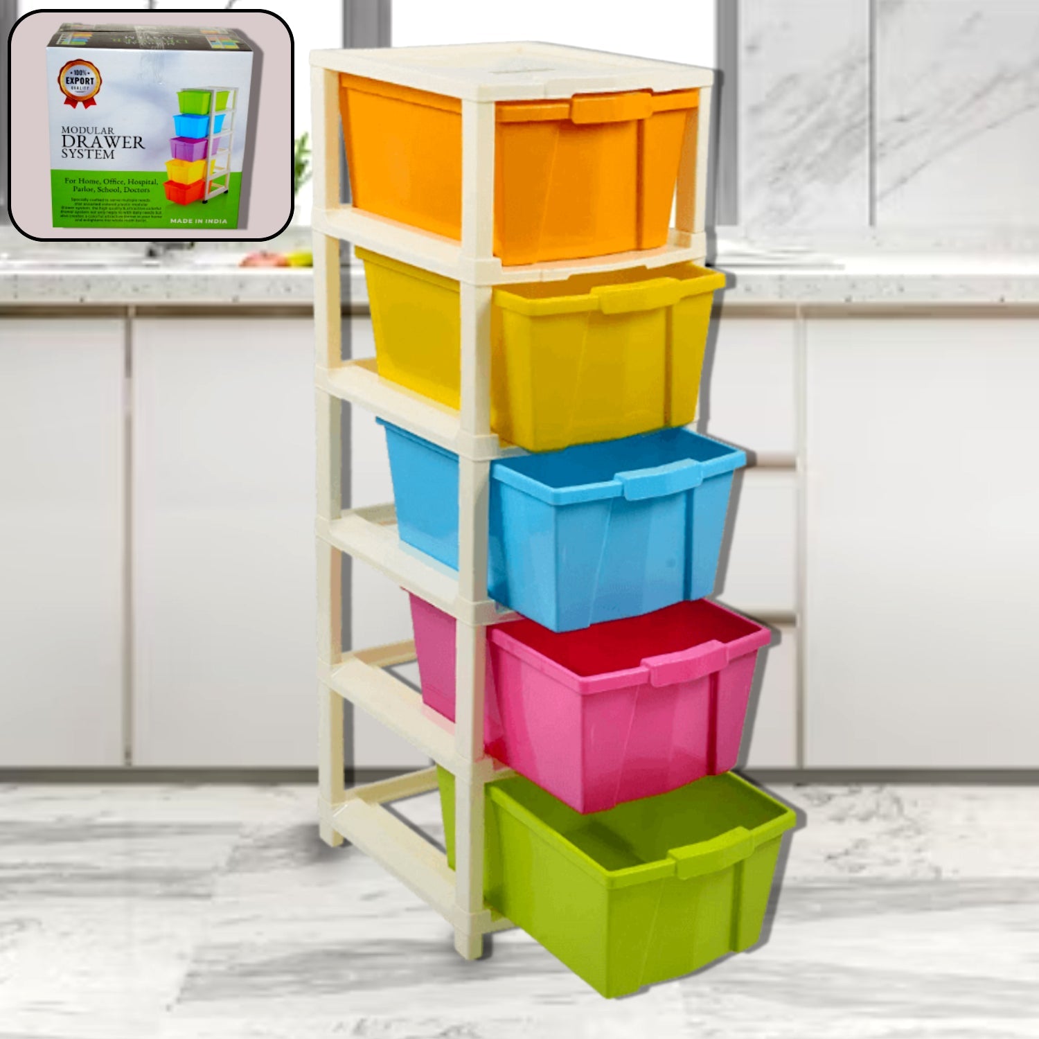 5-layer modular drawer organizer in a living room setting, showcasing ample storage.