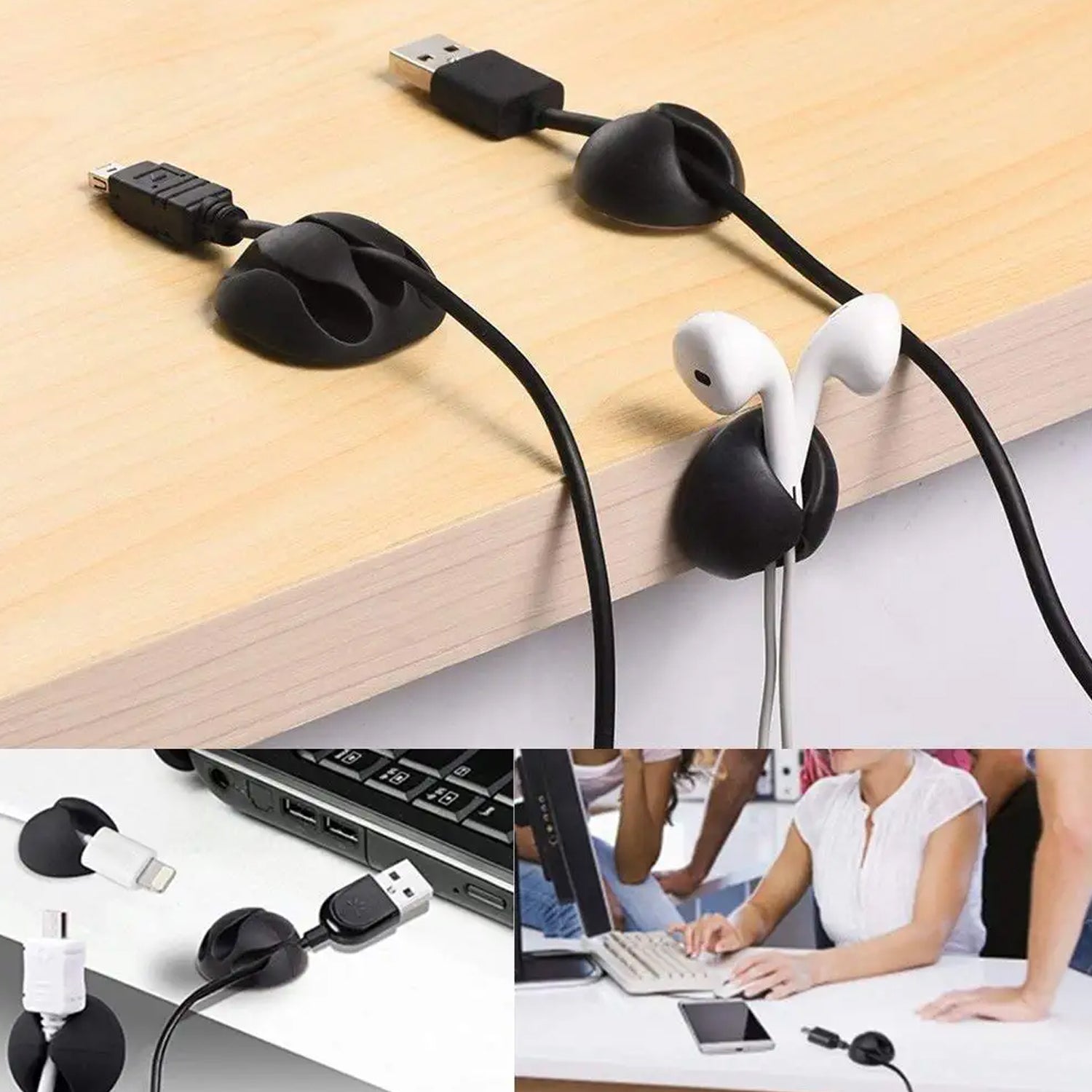 Flexible wire clips demonstrating easy installation for organizing desk cables.