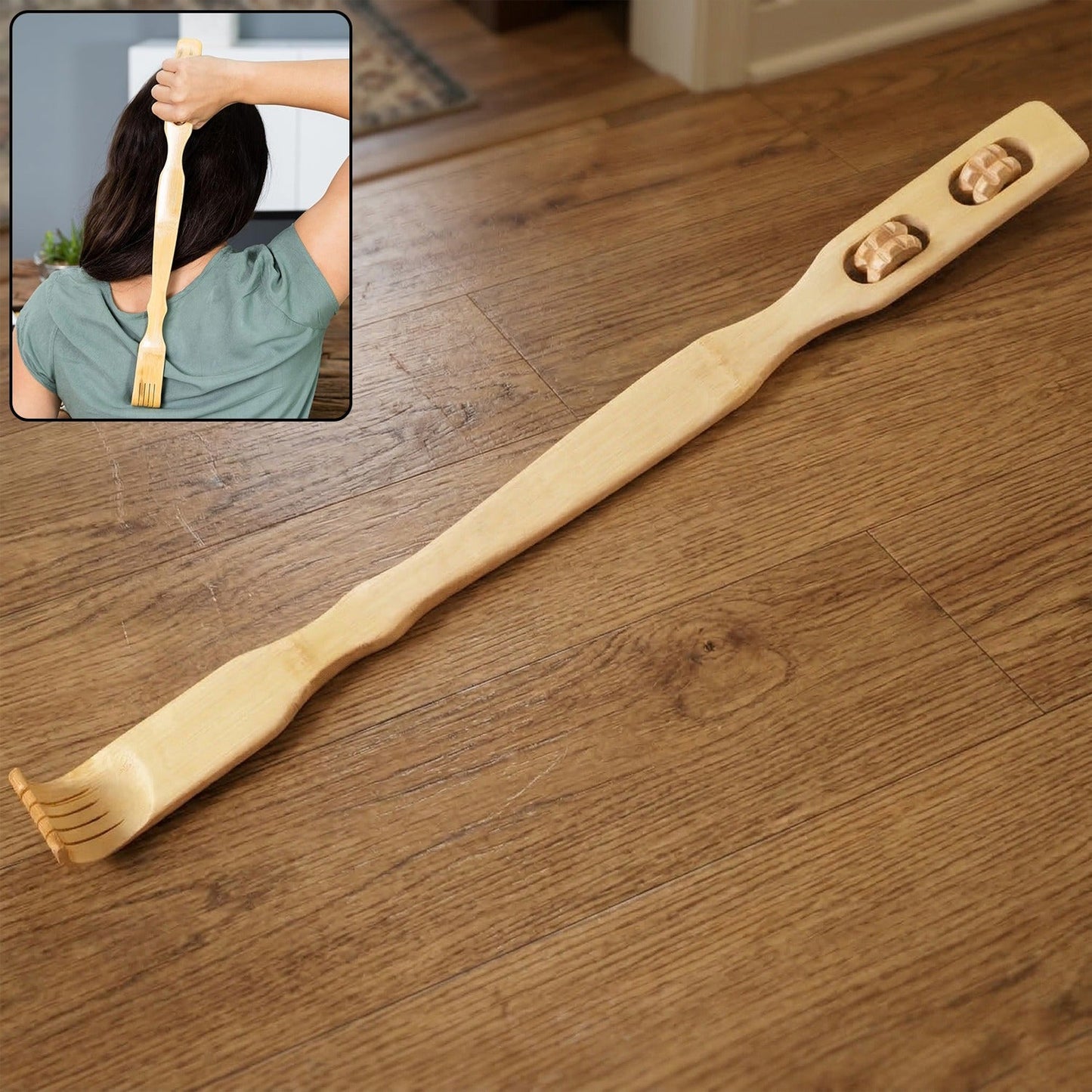 Wooden back massager stick with dual nodes for muscle relief