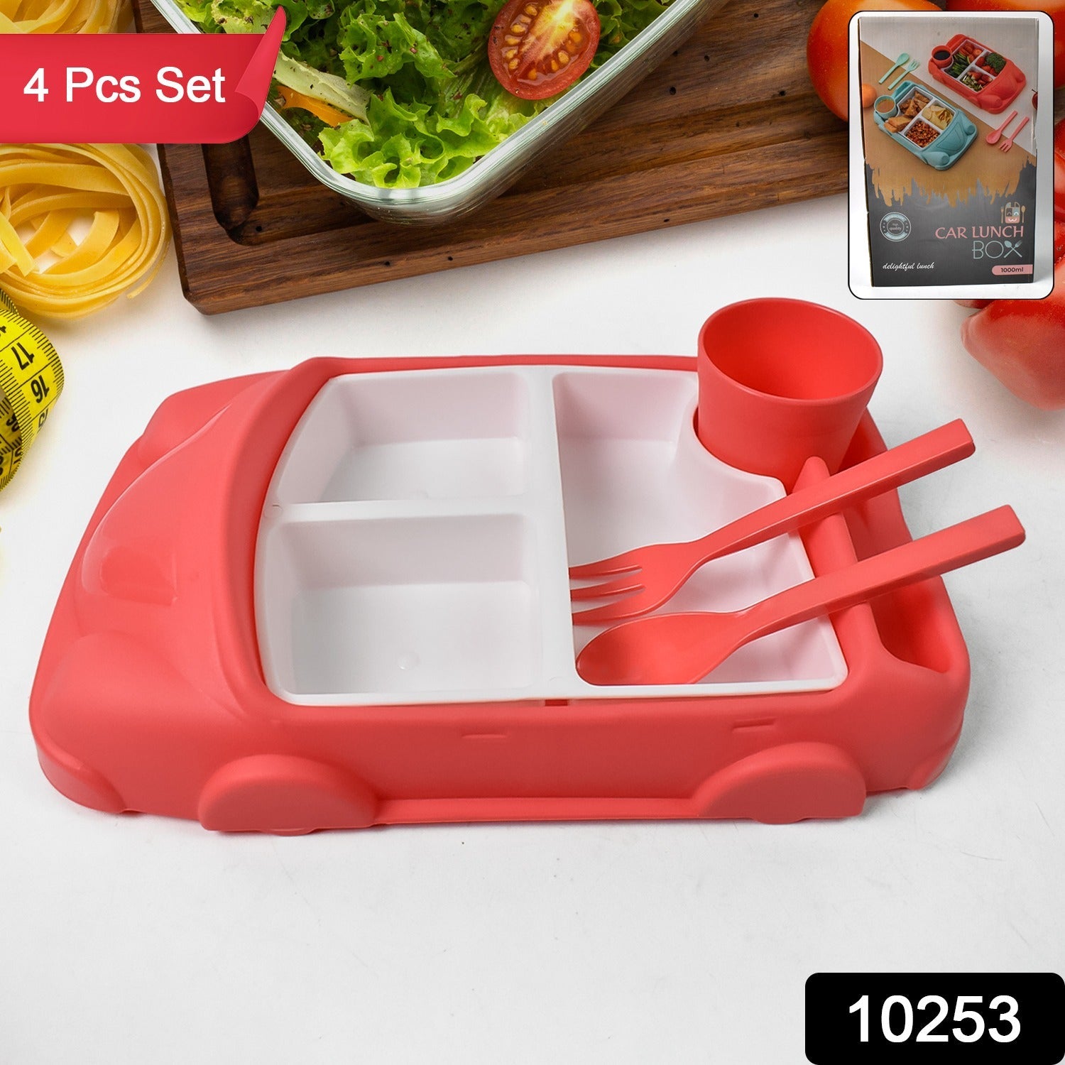 Top-down view of the yellow car-shaped plate with three divided compartments for kids.