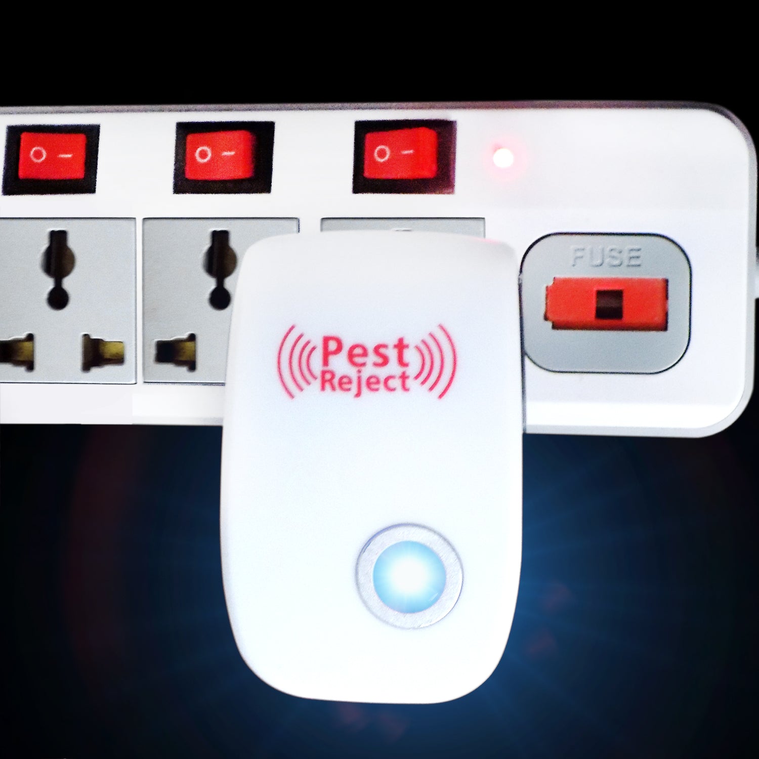 Ultrasonic pest repeller device with LED indicator on a clean surface.