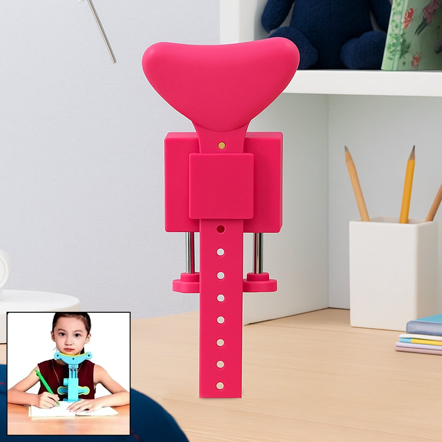 Prominent display of the adjustable kids posture corrector in white and blue.