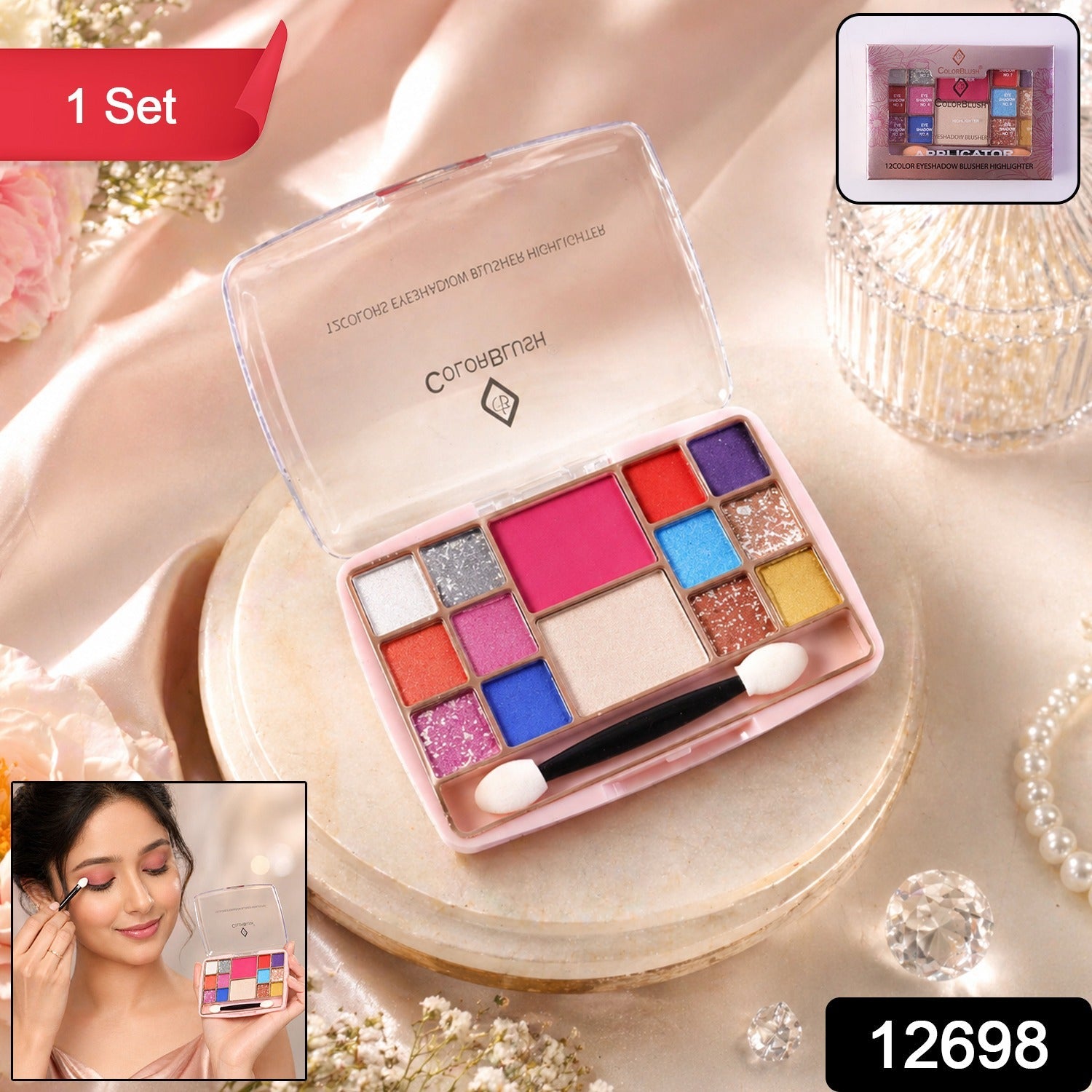 Open compact makeup kit showing dual applicator and smooth blendable pigments