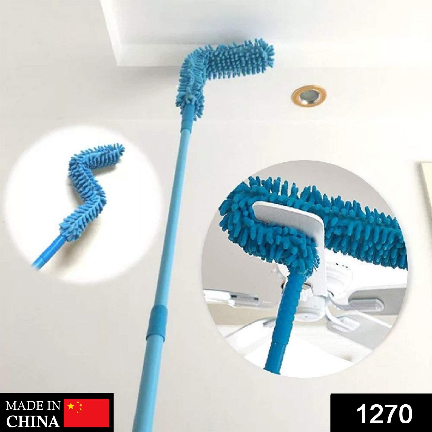 Flexible Microfiber Fan Duster shown extended, reaching a high ceiling fan.