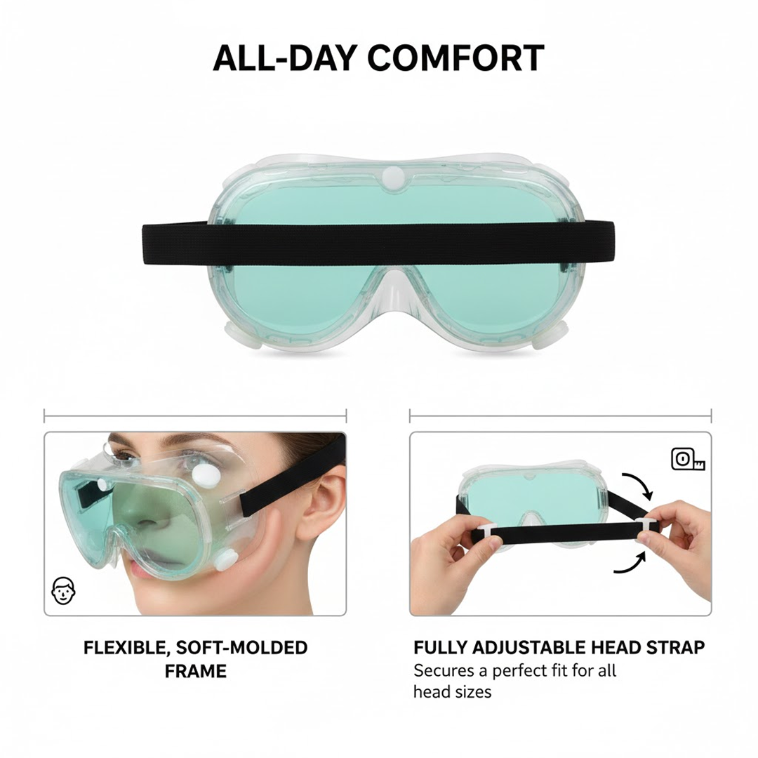 Technic Eye Safety Goggles, showing comfortable fit and wide field of vision.