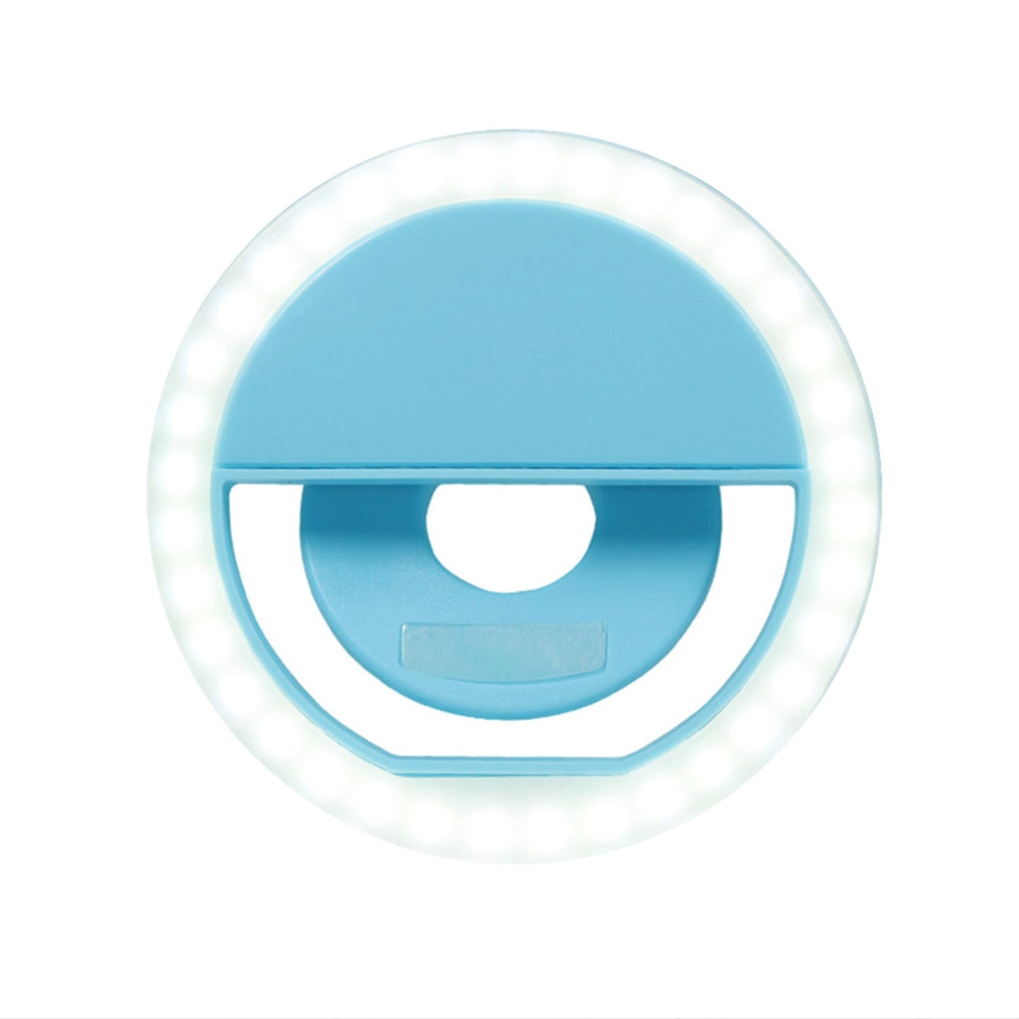 Portable selfie ring light demonstrating multiple brightness and color modes.