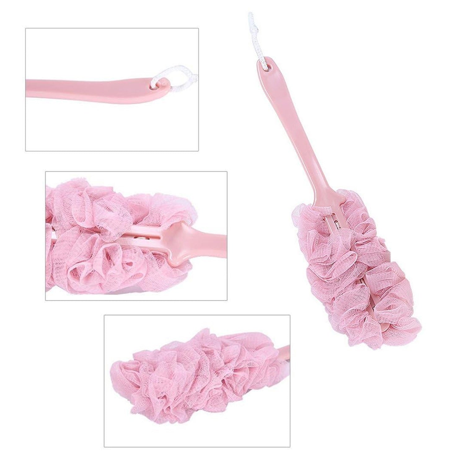 The long handle bath brush hanging in a modern bathroom, ready for use.