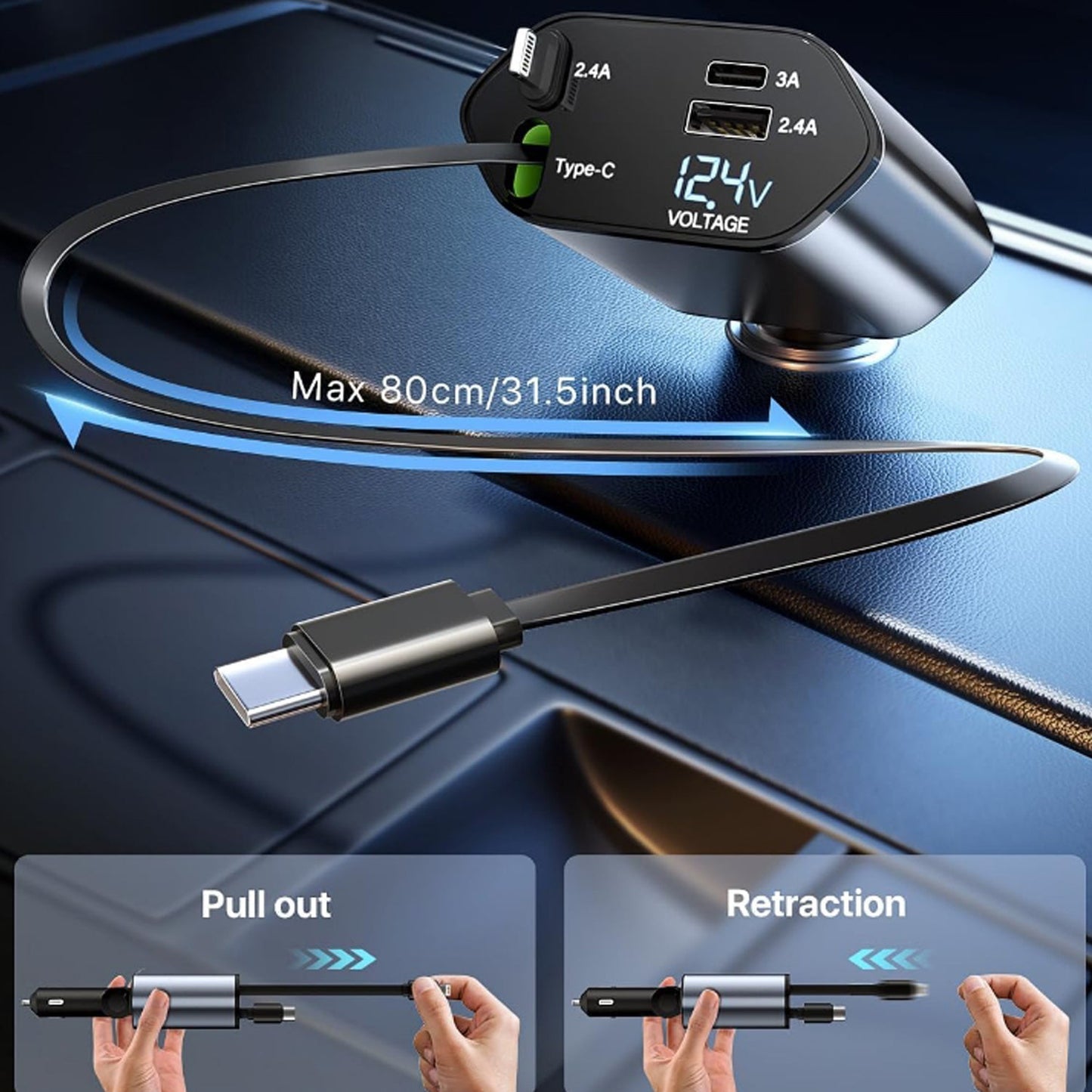 Close-up of  4-in-1 car charger adapter showing dual cables and USB ports