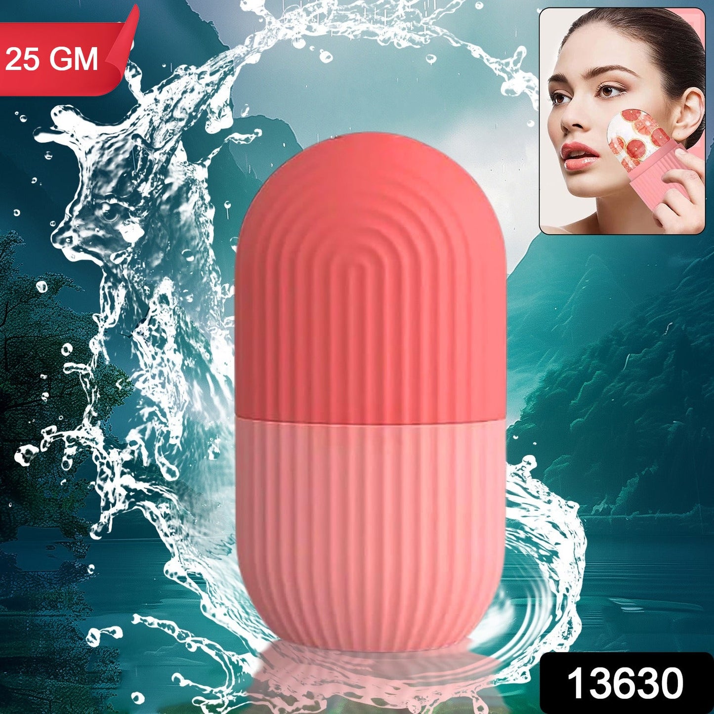 Close-up of the ergonomic silicone ice face roller, highlighting its cooling design.