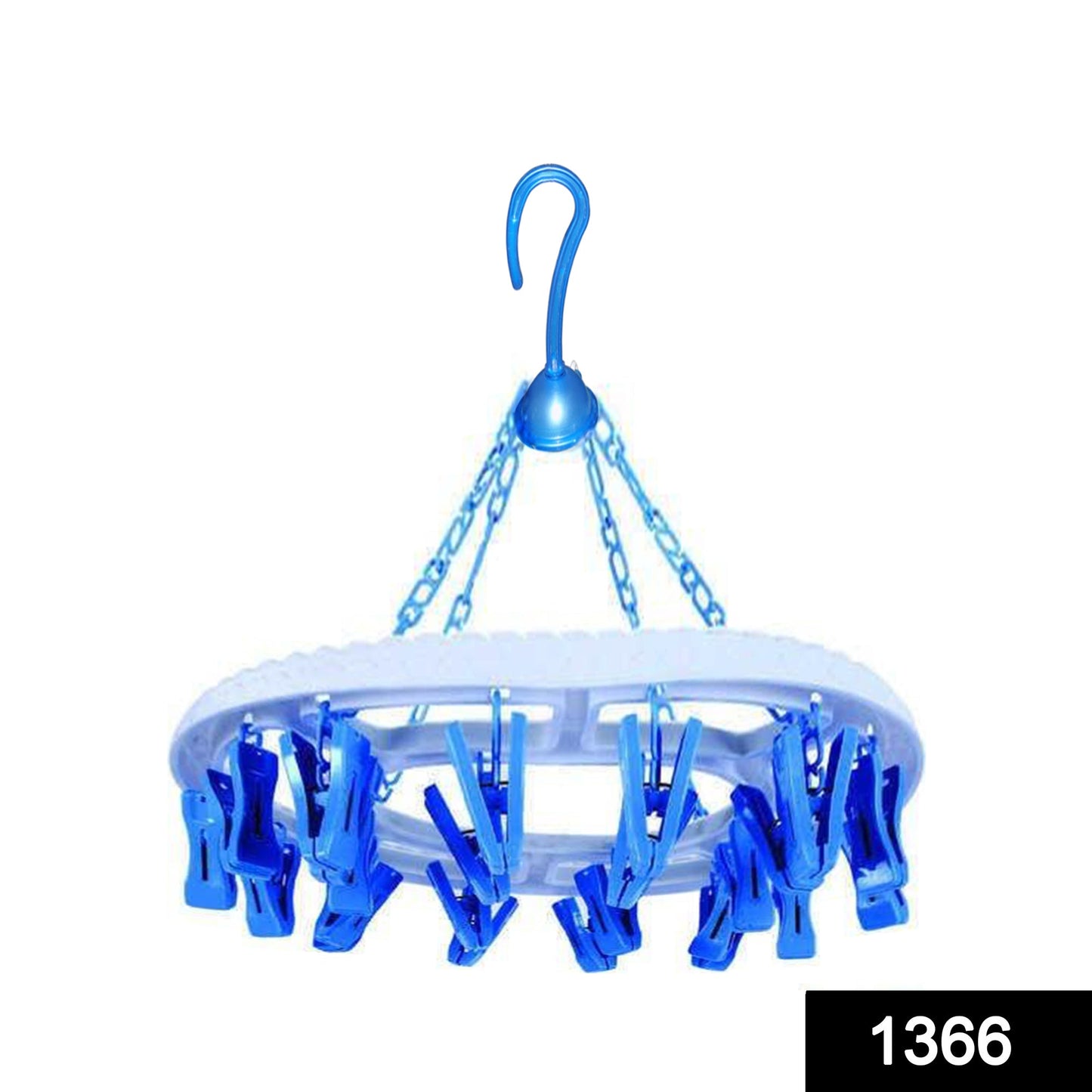 Top-down view of the multicolour 18-clip round plastic cloth drying hanger.