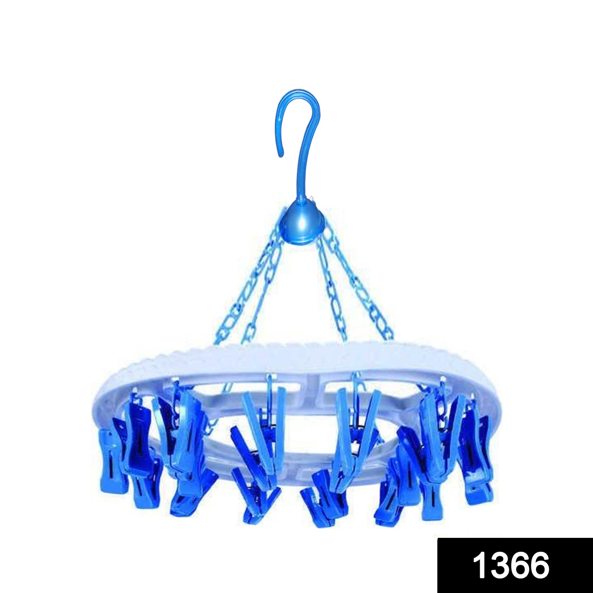 Top-down view of the multicolour 18-clip round plastic cloth drying hanger.