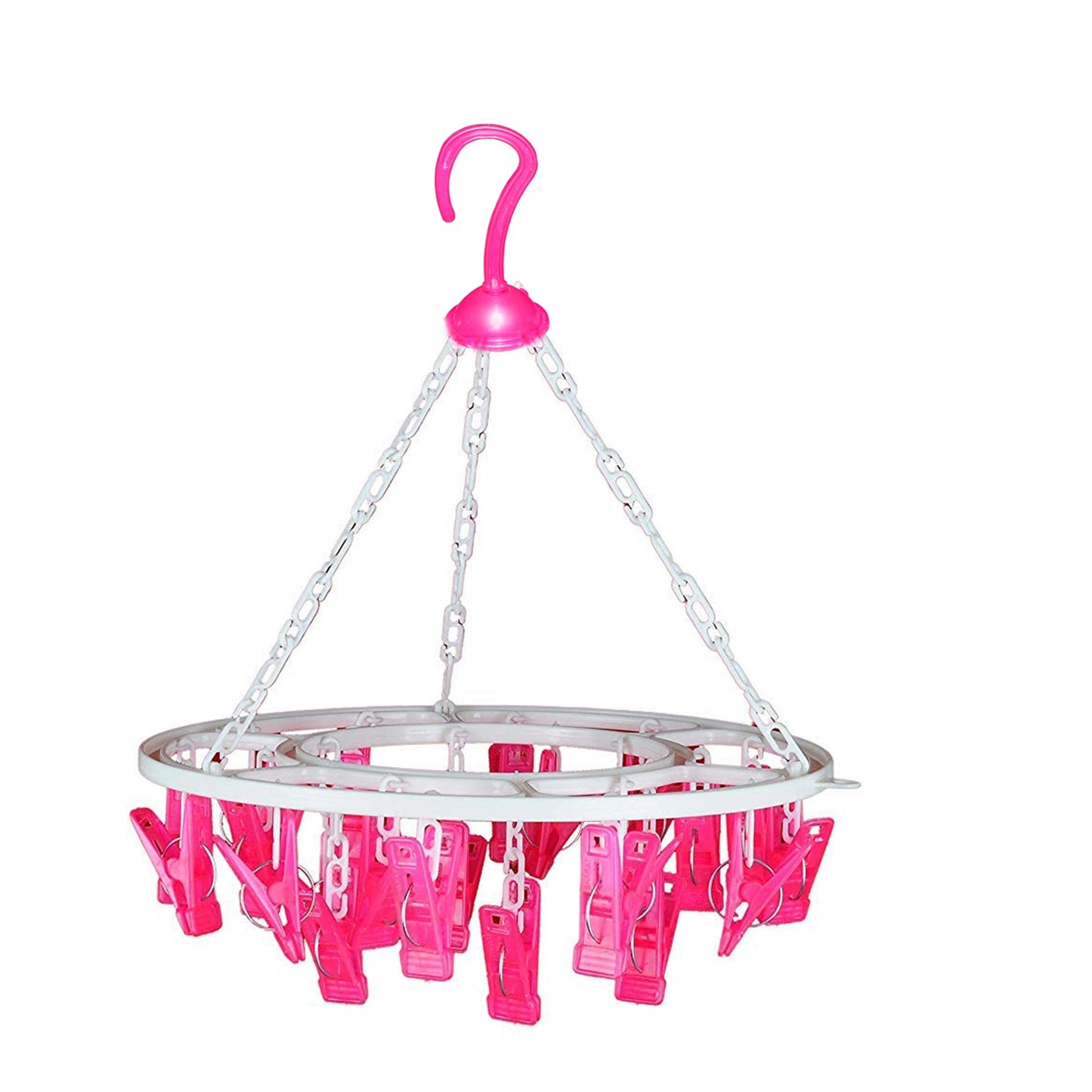Multicolour round drying stand with 24 clips for efficient garment drying.