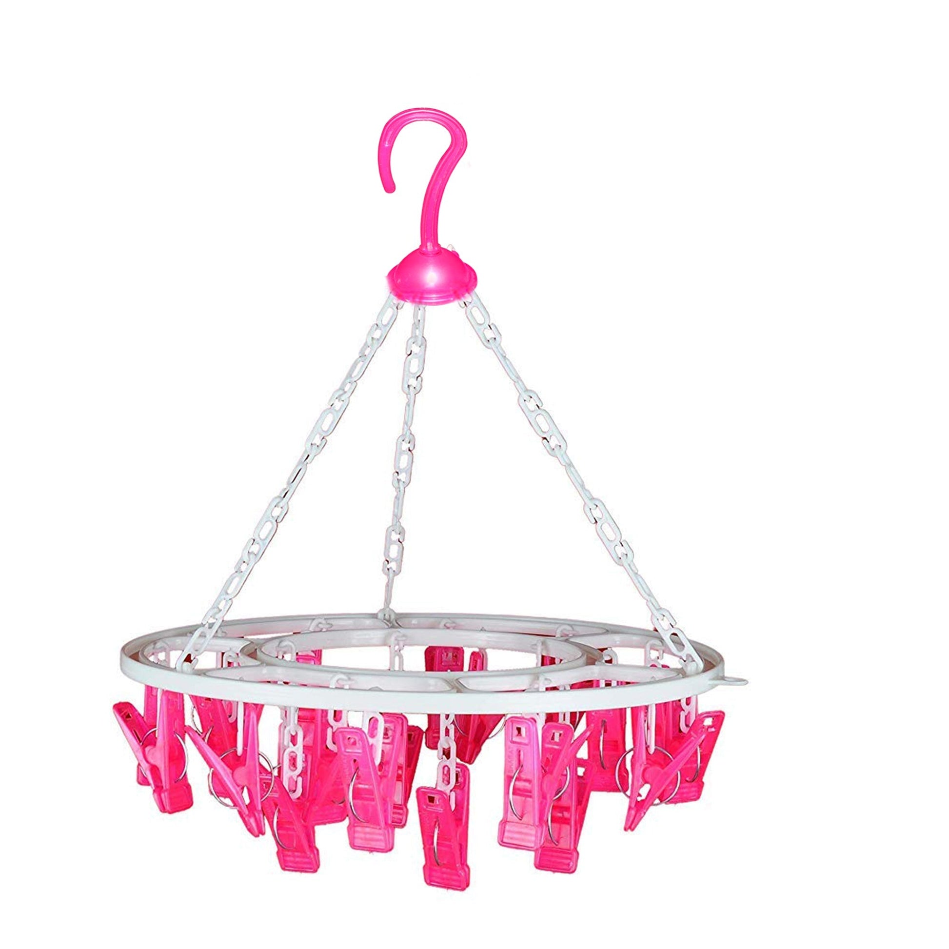 Sturdy multicolour round drying hanger with 24 clips, hanging various small items.