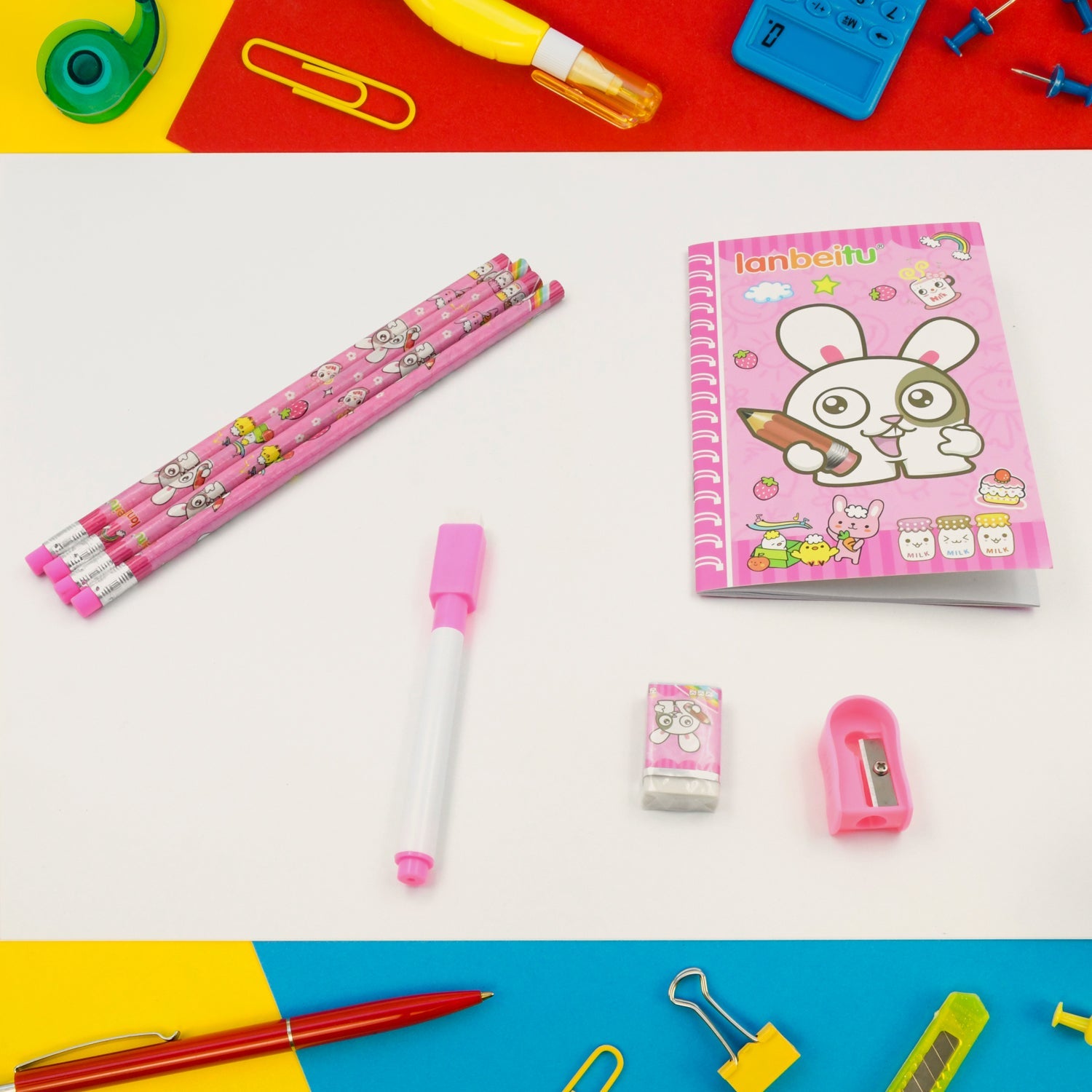 Kids' Stationery Kit highlighting wooden pencils, sharpener, and eraser.