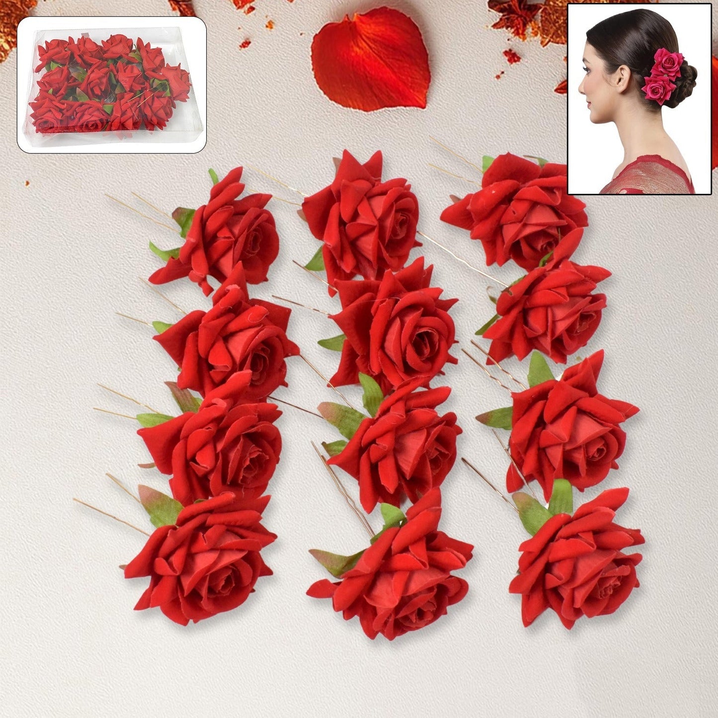 Red rose hair clips in a 12-piece set, displayed beautifully for styling.