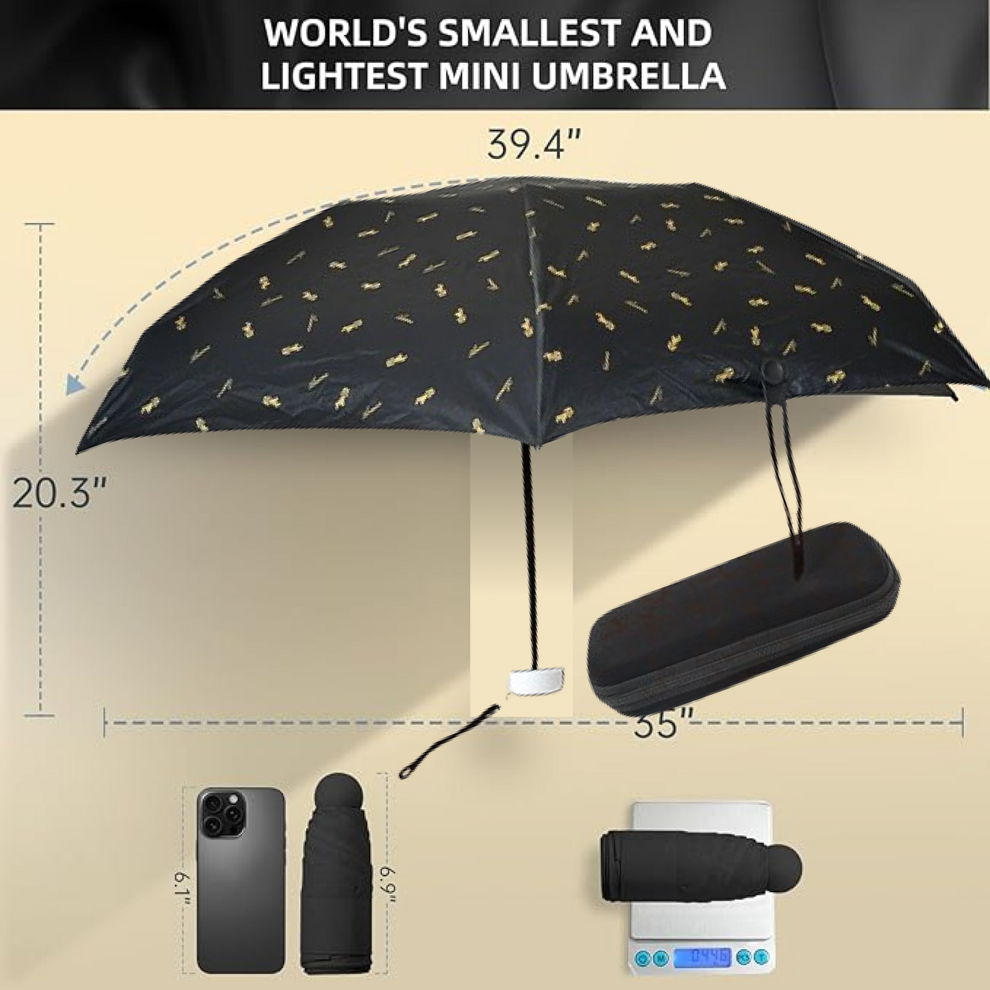 Close-up of the ergonomic handle and secure strap of the 3-fold umbrella.