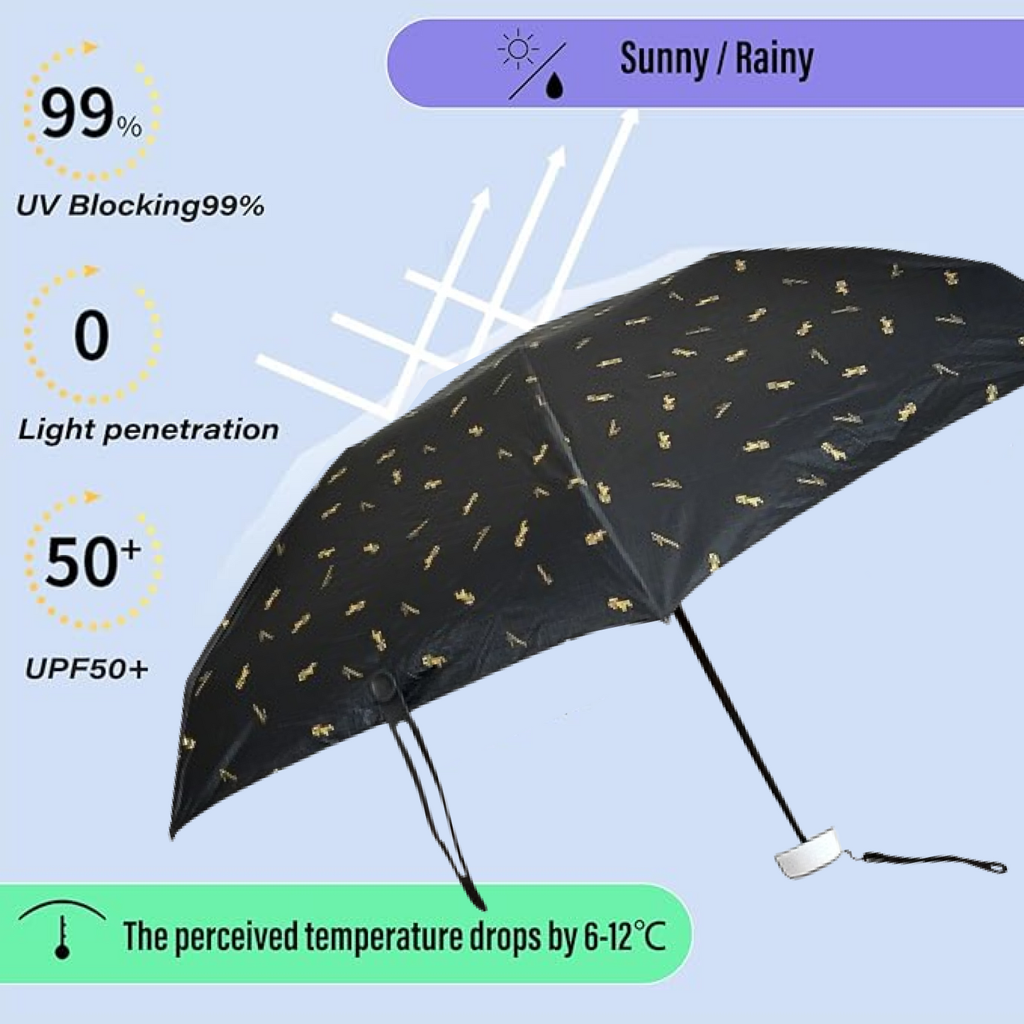 Compact umbrella folded and placed next to a smartphone for size reference, highlighting its portability.