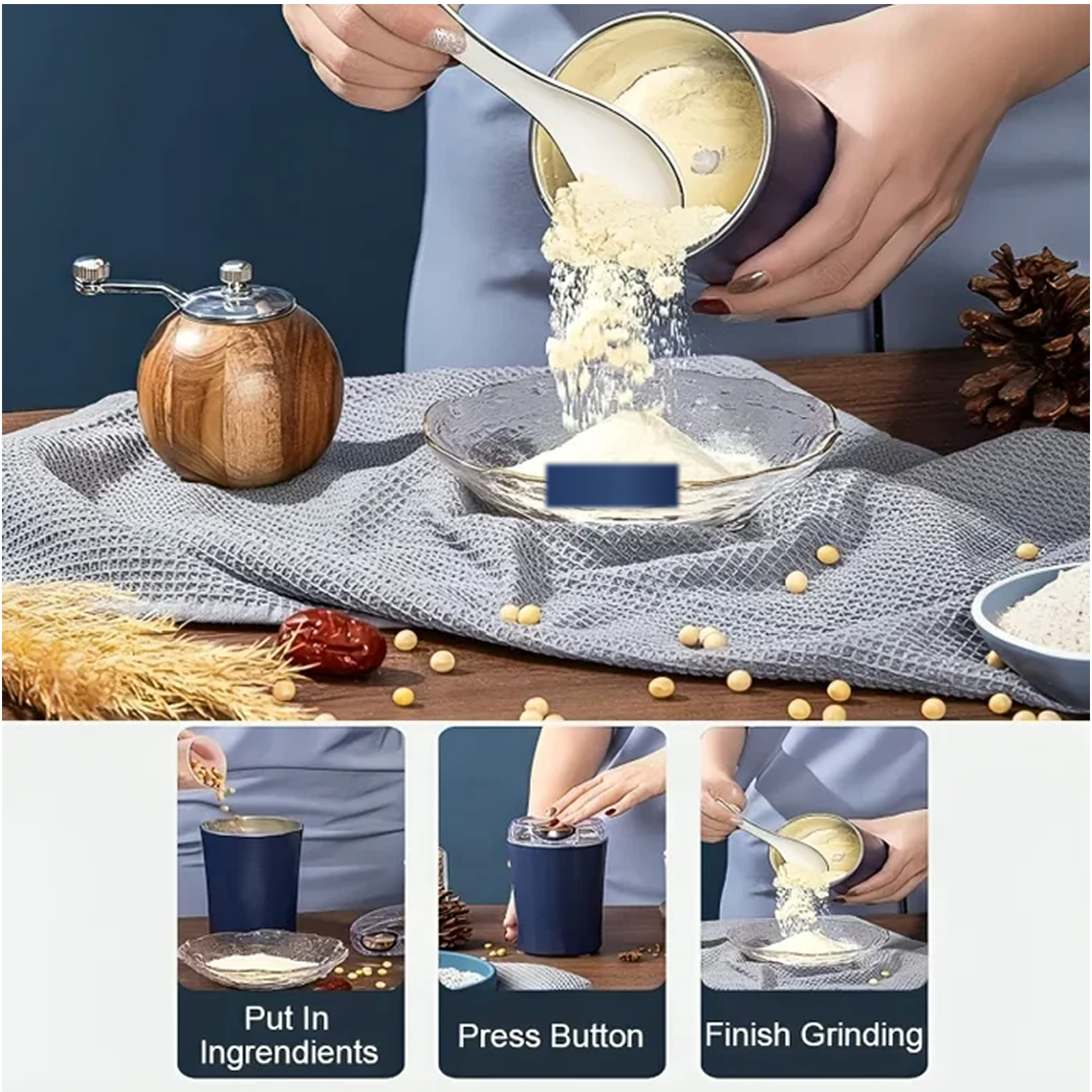 The compact size of the portable coffee grinder blender next to a hand.