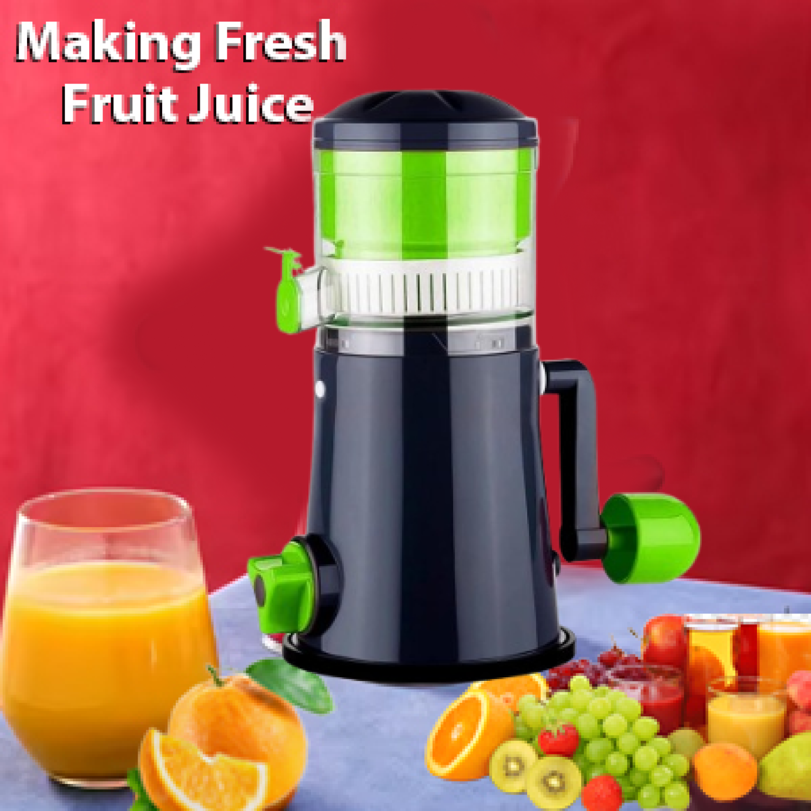 Front view of Ritu compact manual juicer in multicolor design