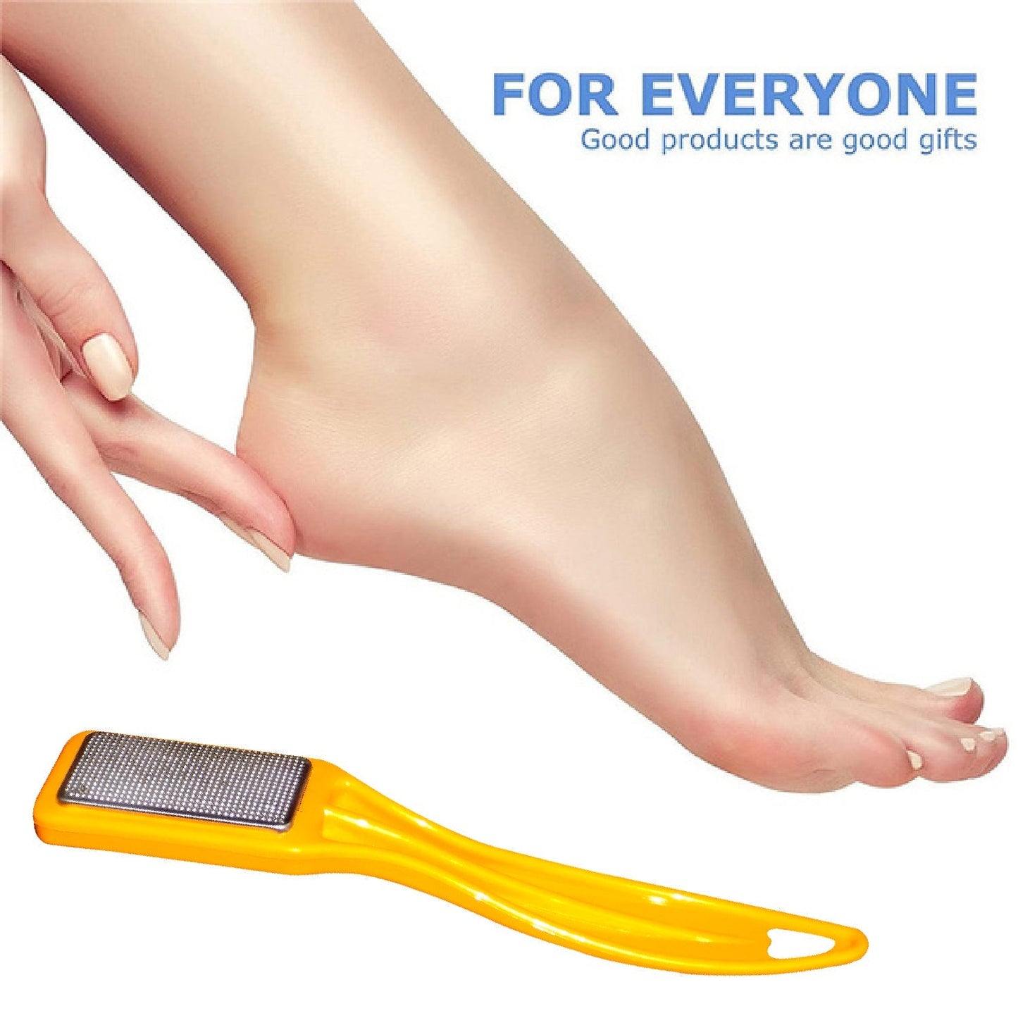 Stainless steel foot file with an ergonomic handle for comfortable dead skin removal.