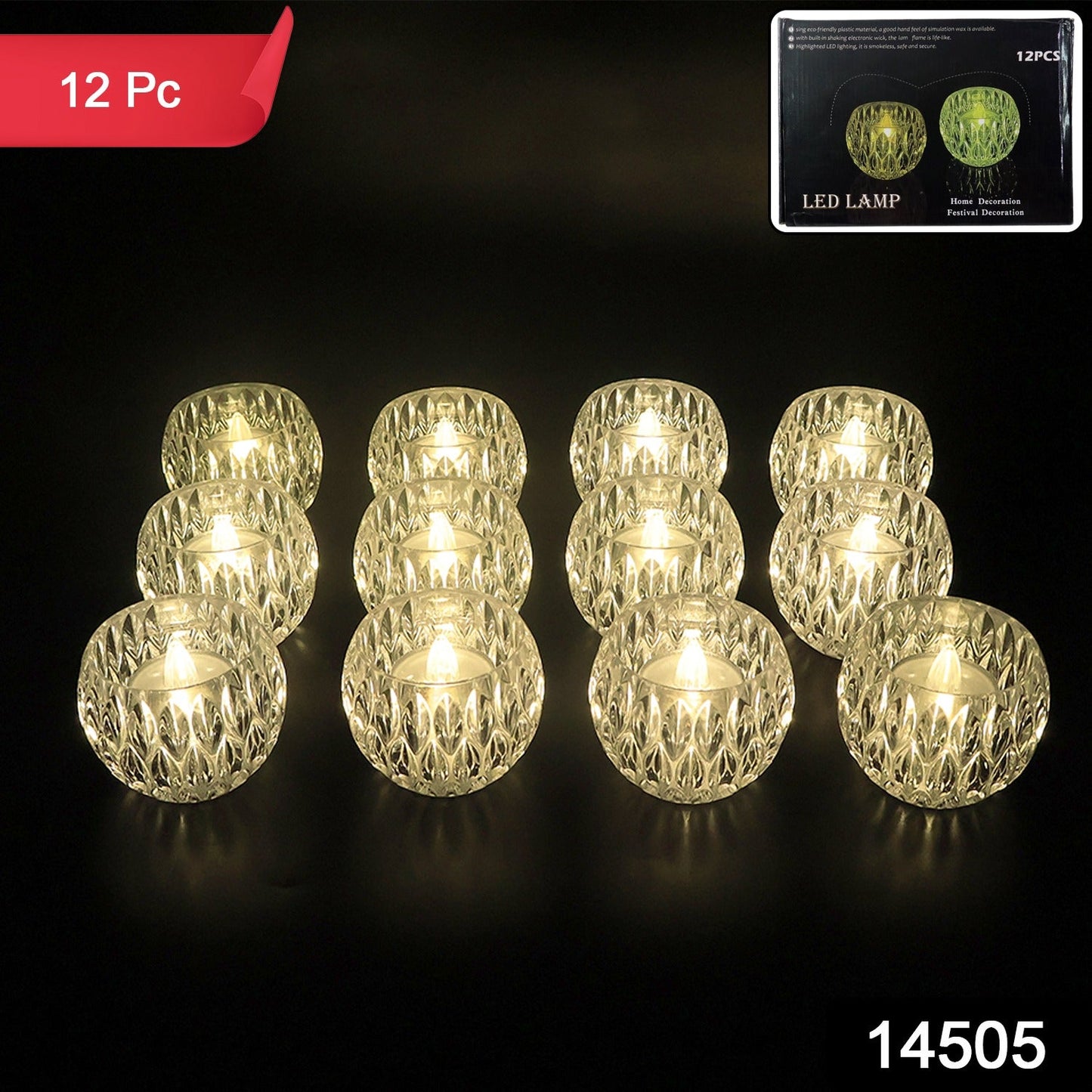 Pack of 12 crystal-effect LED tealight lamps arranged for decoration