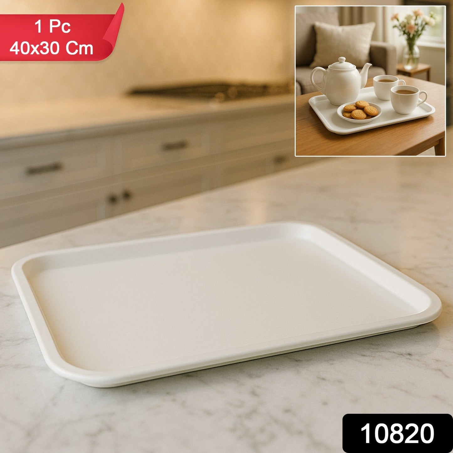 Plastic serving tray holding coffee cups and snacks