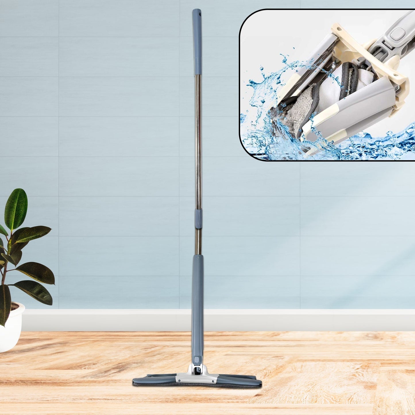 X-shape hands-free mop system with microfiber pad, ready for floor cleaning.