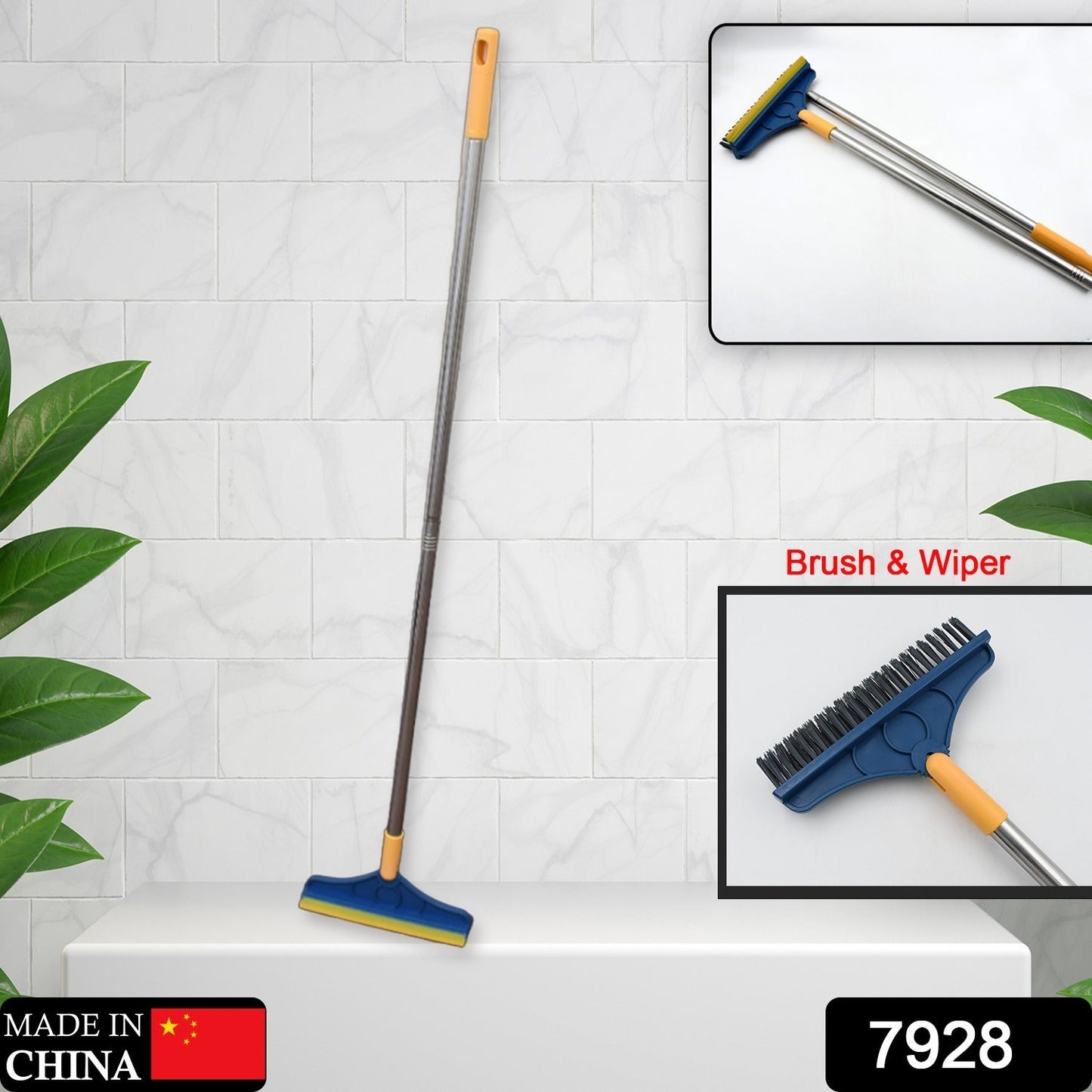Ergonomic long handle cleaning brush with rotatable wiper head for multiple surfaces.