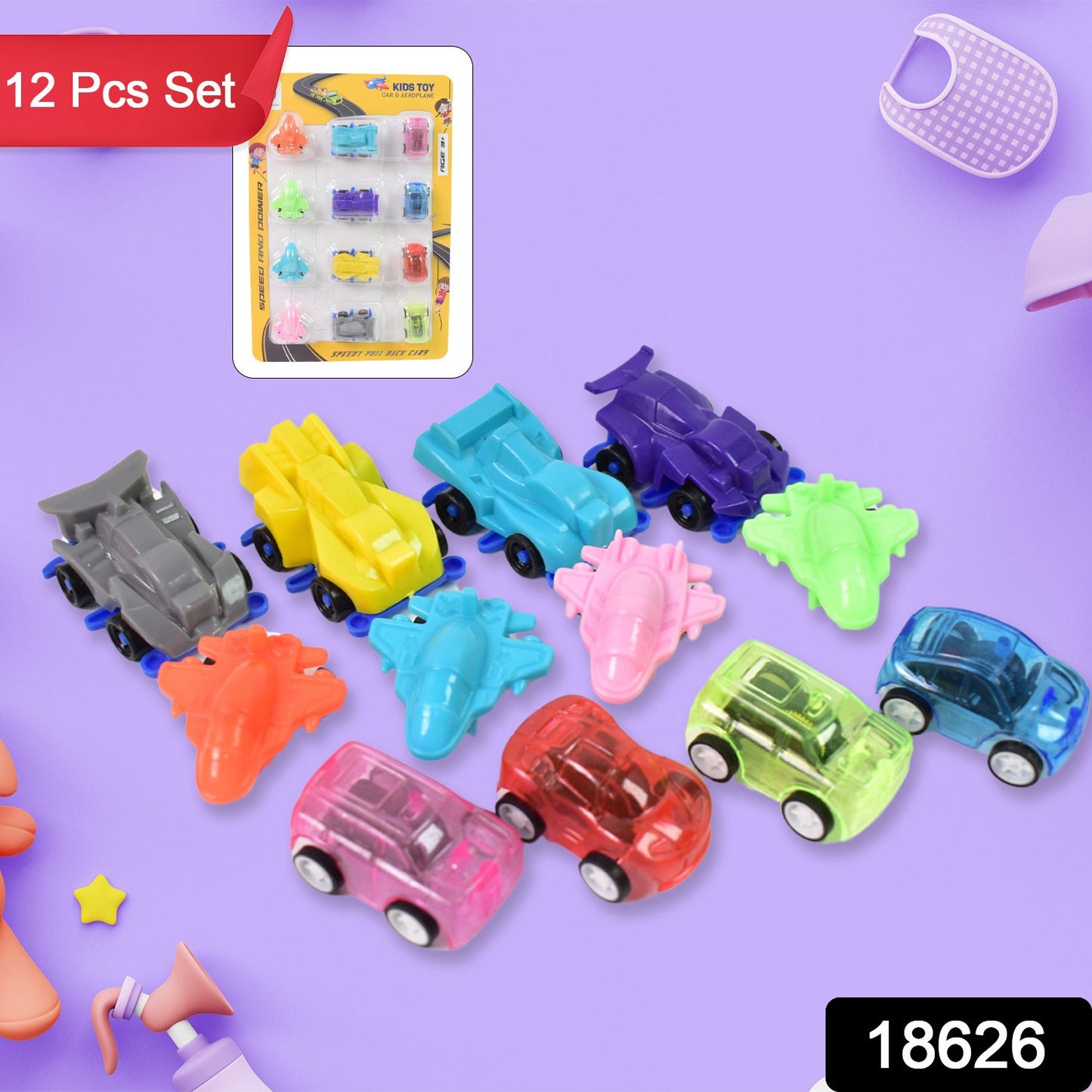 Close-up of vibrant mini pull back cars with smooth, rounded edges.
