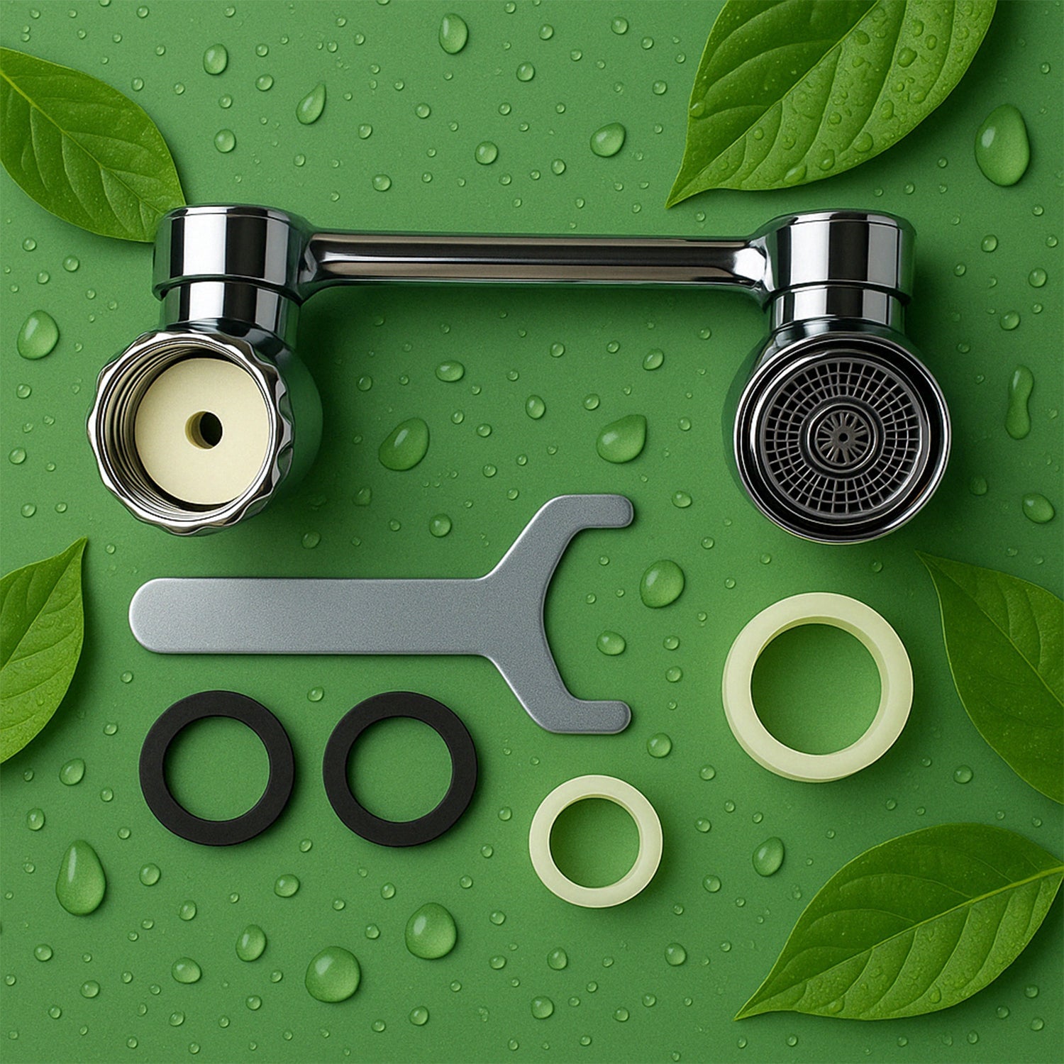 Flexible water-saving faucet filter with 1080-degree rotation installed on a kitchen sink.