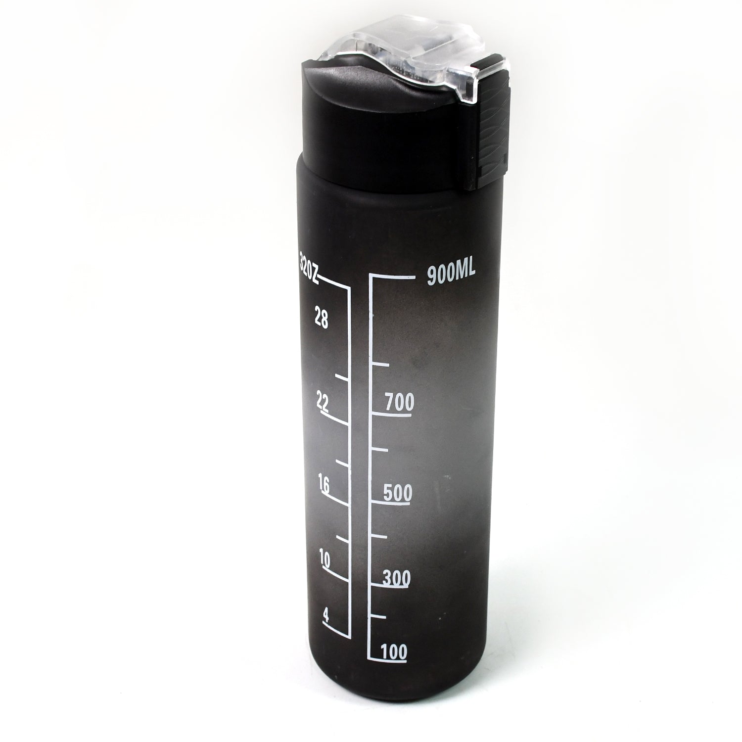 Person holding the sleek black motivational water bottle during a workout session.