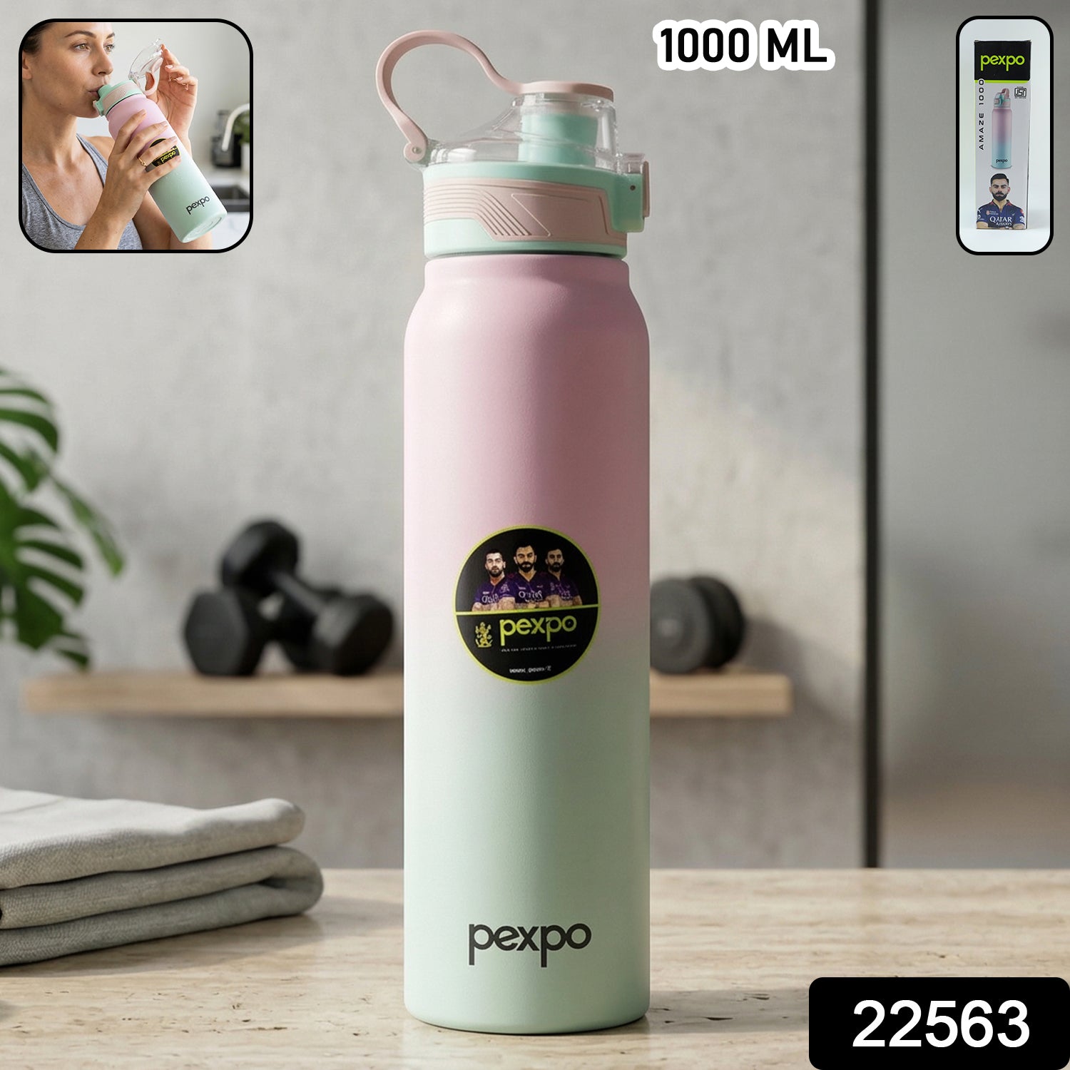 Flip top lid of water bottle with carry handle for easy drinking