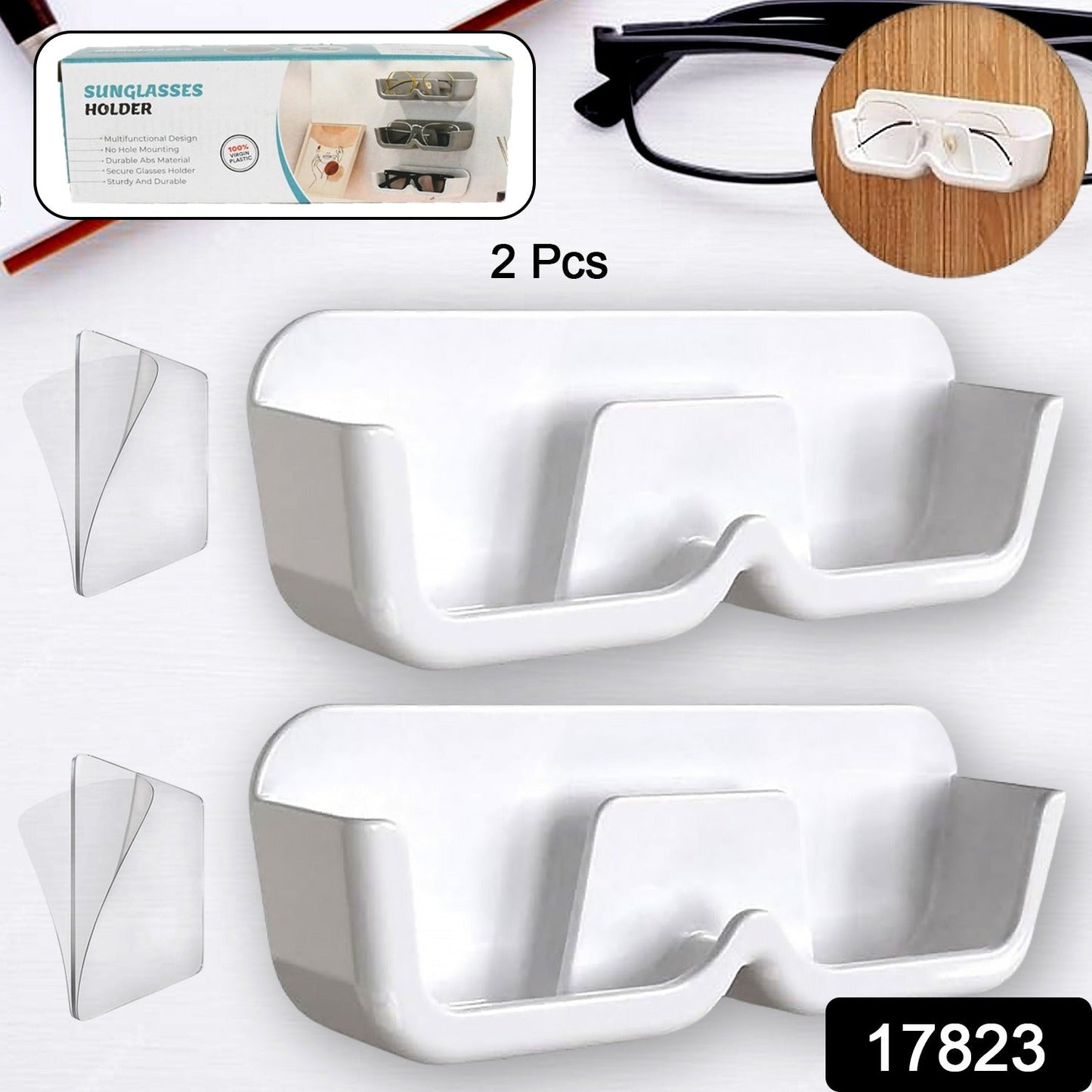 Two pieces of the Sunglass Wall Organizer with adhesive stickers ready for easy, tool-free installation.